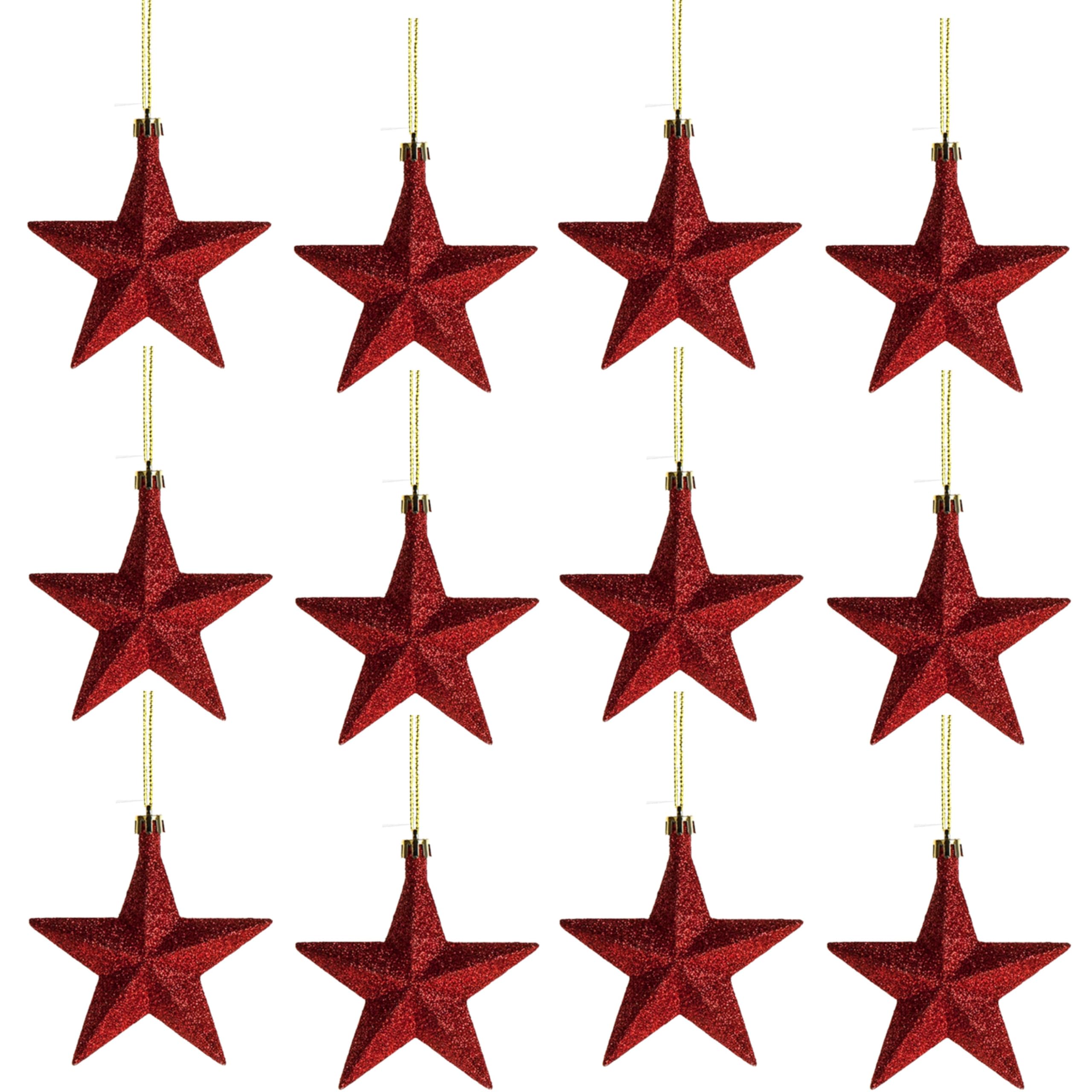 Lizzy | Christmas Tree Decorations | 8 Pack, Red Glittered Star, Multicolour, Plastic | Lightweight Hanging Ornaments, Indoor Outdoor Use | Festive Christmas Decoration for Home