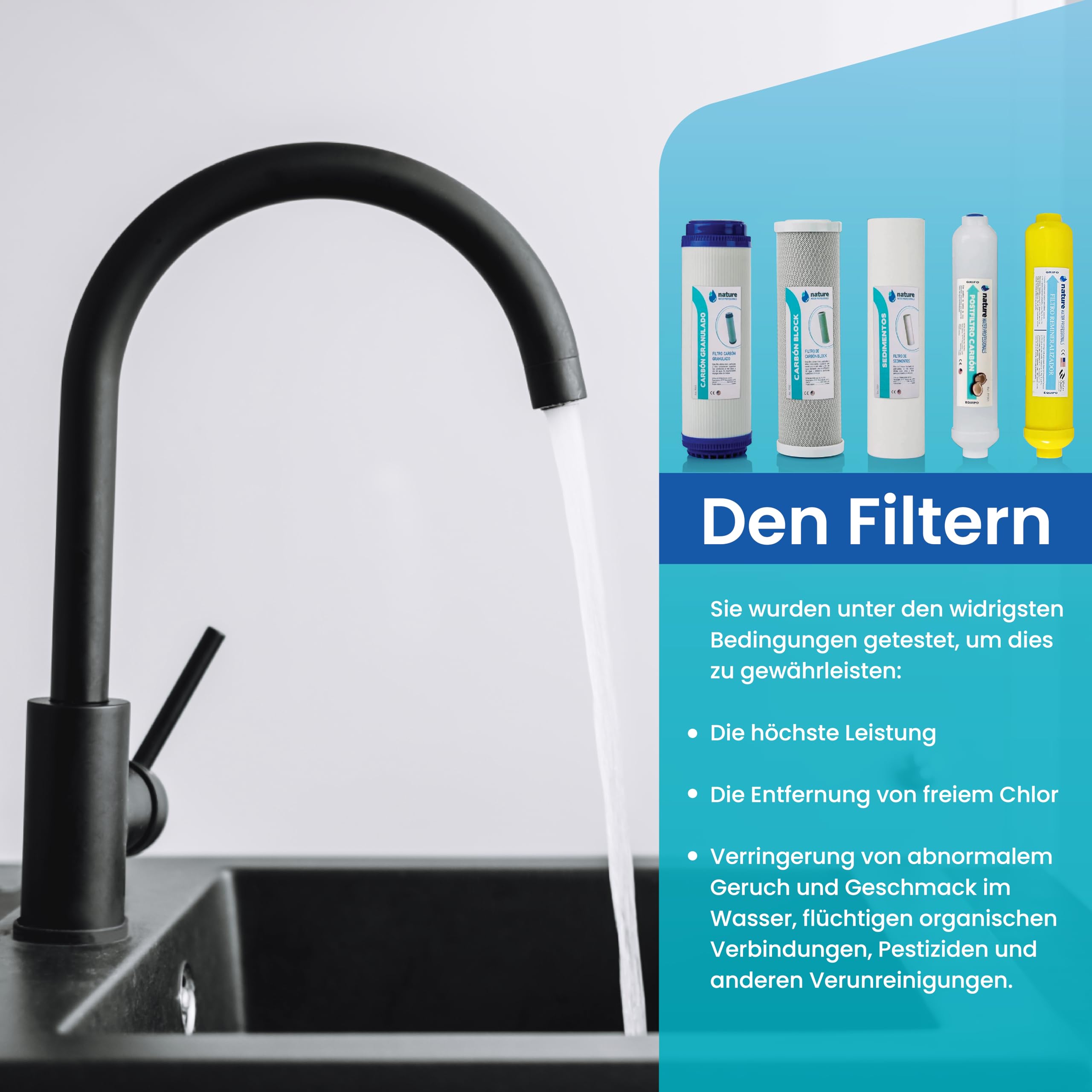 NATURE WATER PROFESSIONALS Umkehrosmose-Ausrüstung – 6-stufiges Osmose-Set – 5 l Fassungsvermögen – inklusive Vontron 50 GPD-Membran, Pumpe und Filter