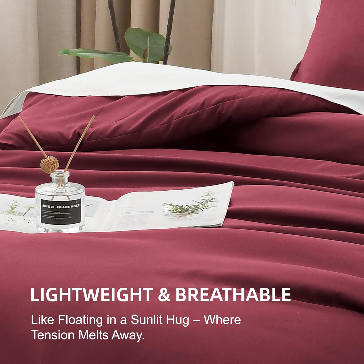 Litanika Burgundy Red Comforter Set Queen Size, 3 Pieces Lightweight Solid Bedding Comforter Set, All Season Fluffy Bed Set (90x90In Comforter & 2 Pillowcases) - Image 6