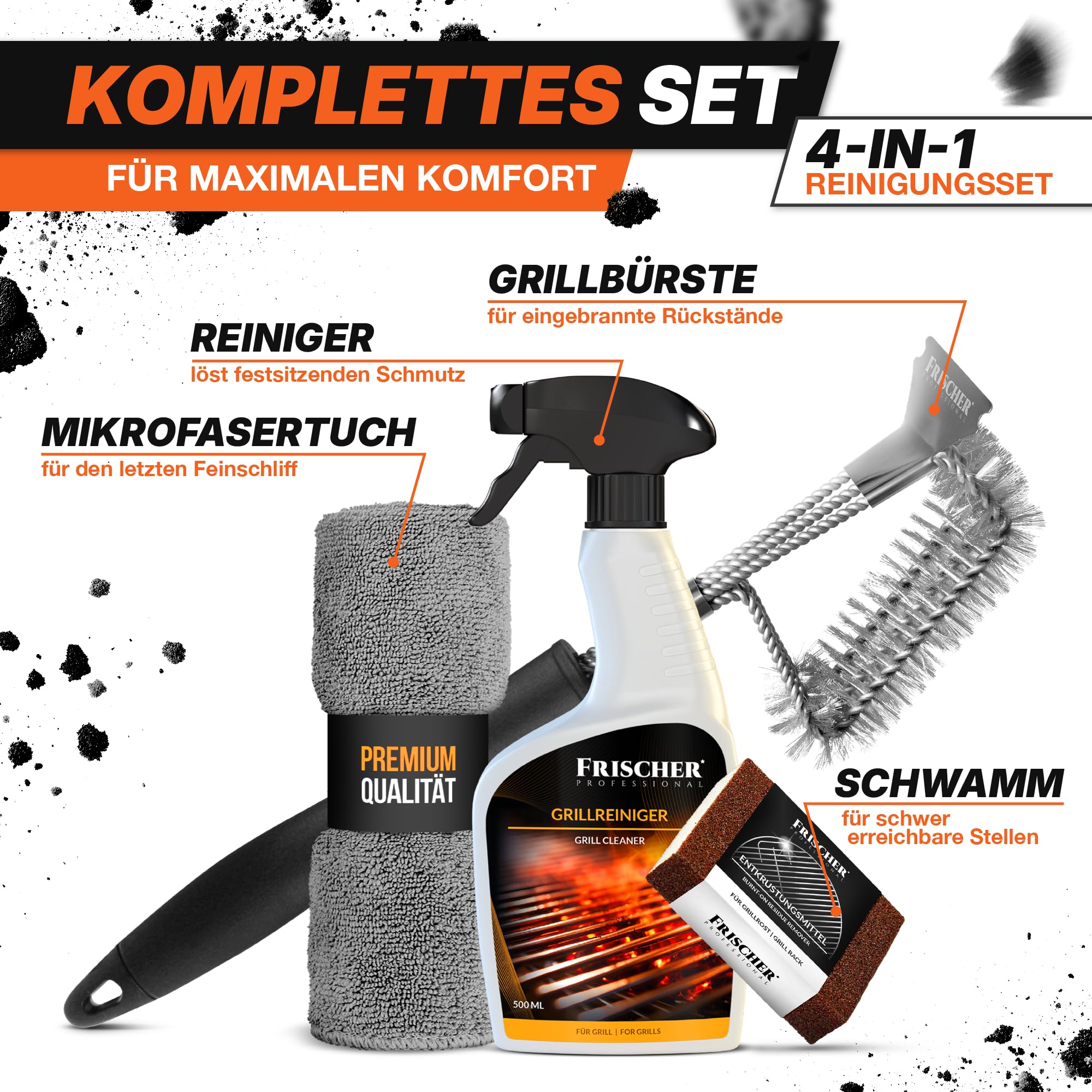 Grillreiniger Set 4-teilig: Grillrost-Reiniger 500 ml + Grillbürste + Mikrofasertuch & Schwamm - Zur effizienten Reinigung & Pflege von Grill, Grillrost