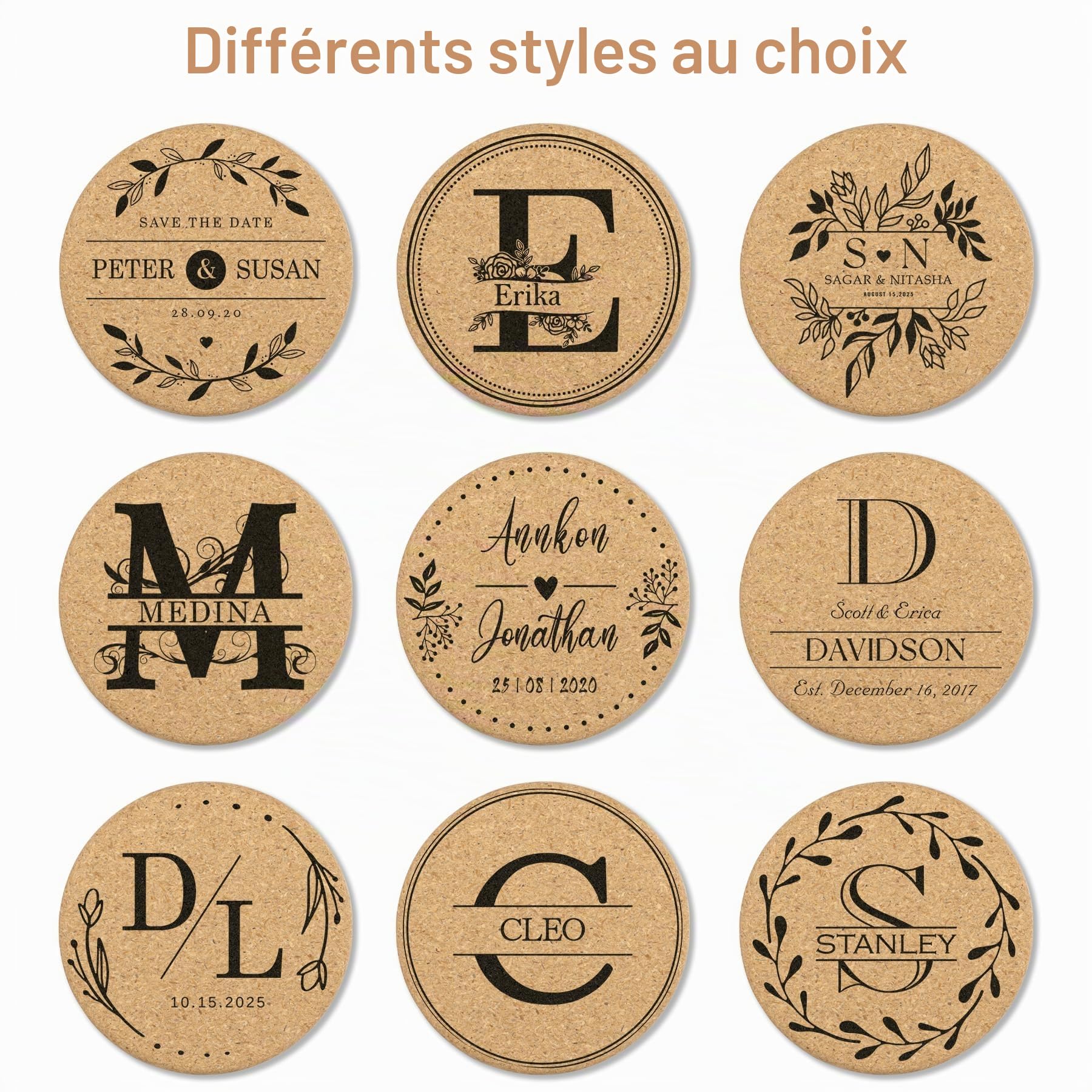 Lot de 30 à 100 sous-verres en liège personnalisés pour boissons, ronds de 10,2 cm, cadeaux de mariage pour invités, dessous de verre personnalisés en vrac avec texte, image ou logo gravé au