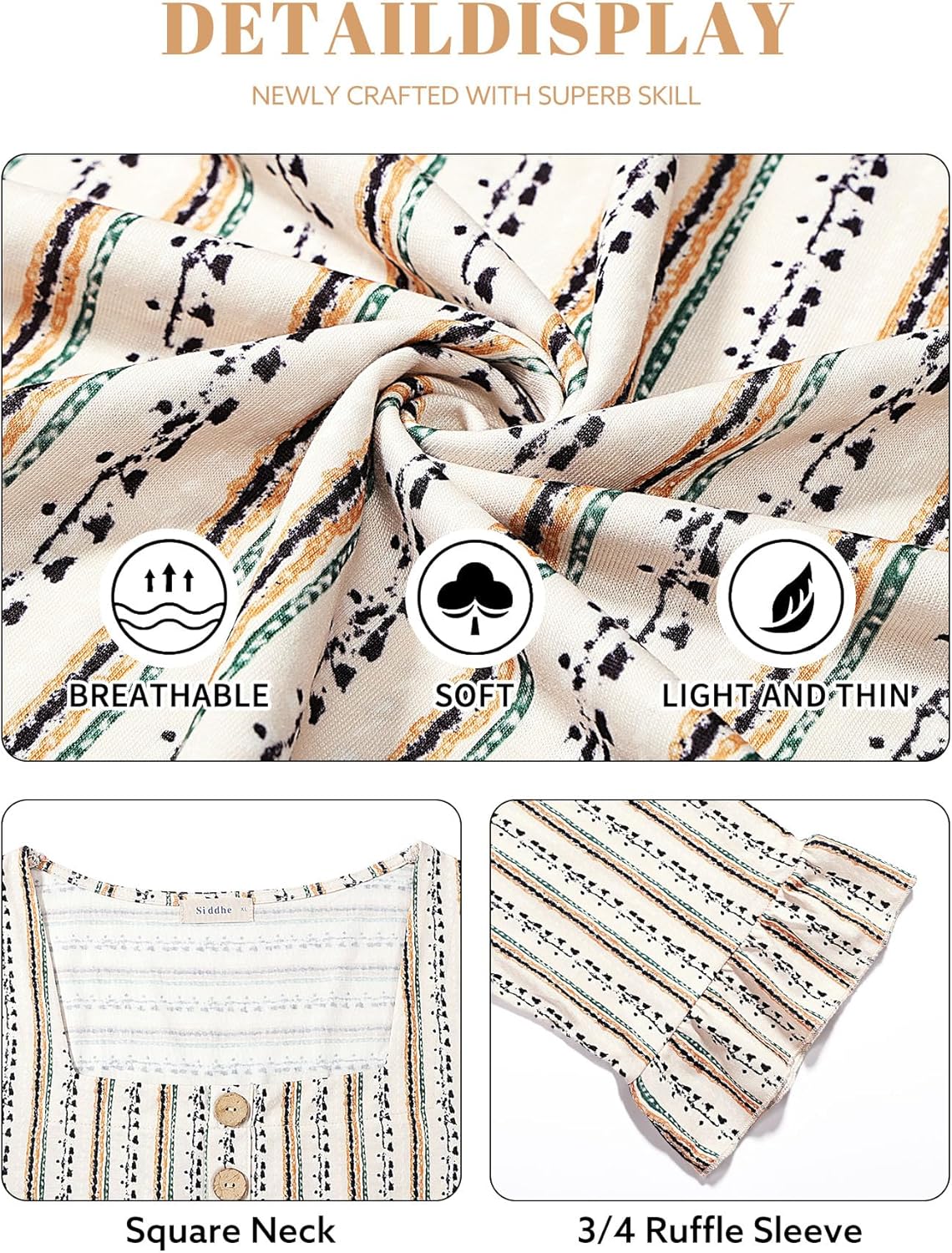 Siddhe Womens Plus Size Tops 3/4 Ruffle Sleeve Loose Fit Blouses Button Square Neck Shirt Casual Pleated Tunic Tops(1X-5X) - Image 5