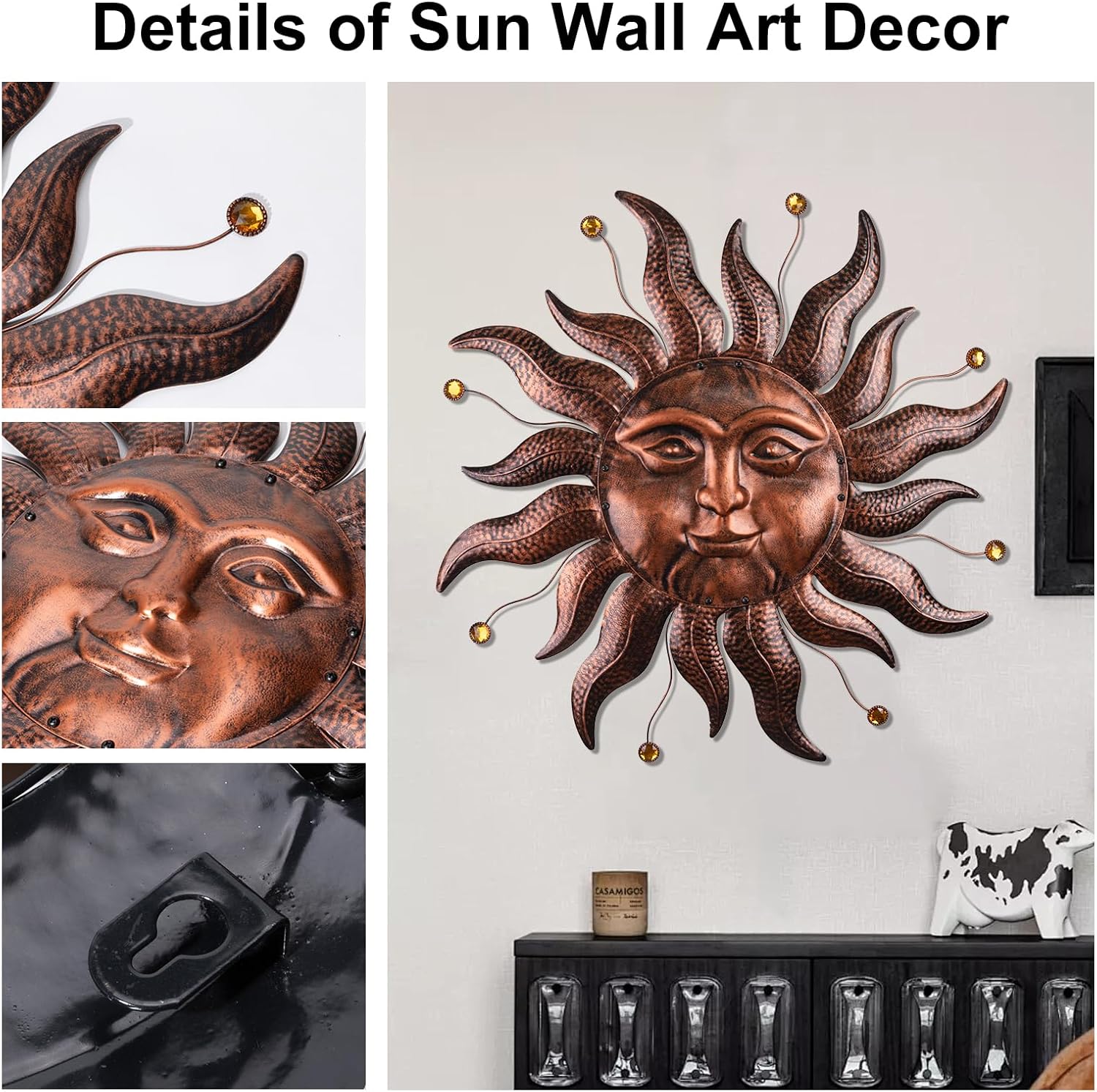 Metal Wall Art Decor Outdoor Inside with Sun Face, 26 Inch Large Outside Sun Metal Decorations Hanging on House, Living Room, Bedroom, Patio, Fence, Yard