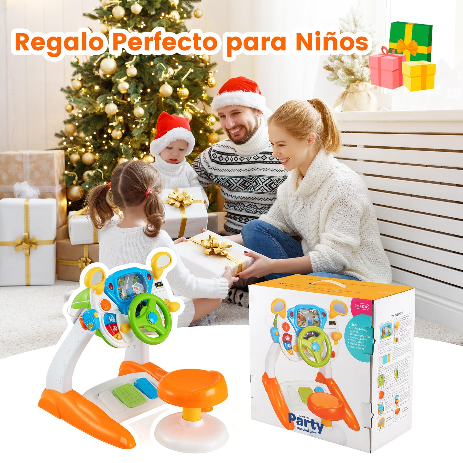 RELAX4LIFE Volante Juguete con Pantalla, Taburete, Efectos Luz y Sonido, Música, Claxon, Pedales y Intercomunicador, Volante Niños de ABS con Velocidad Ajustable, Juguete para Niños 3+ Años, Colorido