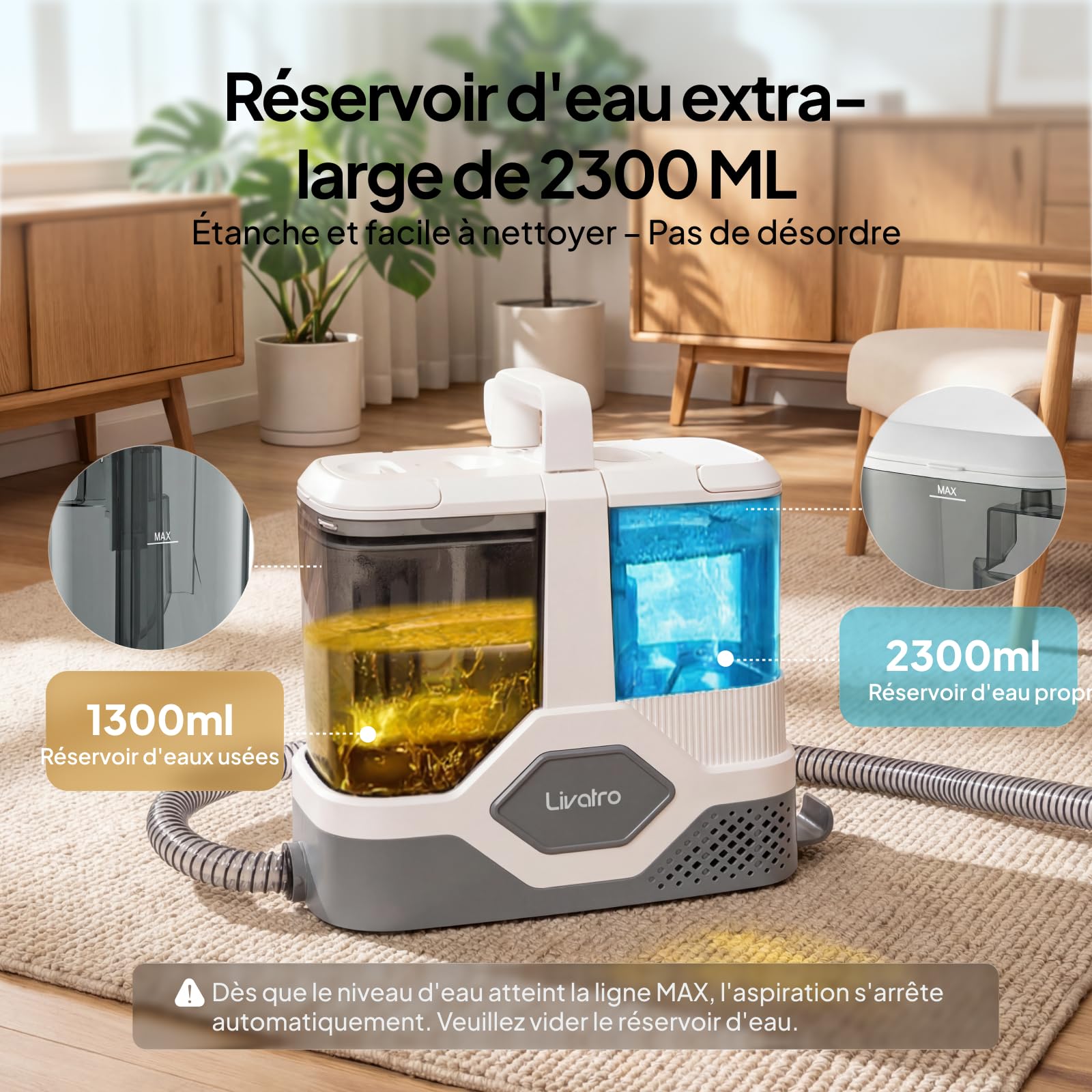 Livatro Shampouineuse Nettoyeur Canapé Tissu, 600W 16KPa Injecteur Extracteur, Fonction Autonettoyante, Réservoir 2,3 L, Compact et Portable, Shampouineuse Canape pour Tapis, Moquettes, Meubles, Auto