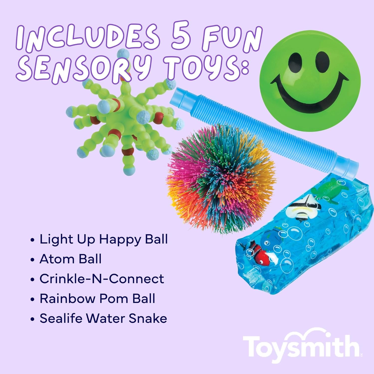 Toysmith Activity Pack Bundle – Light Up Happy Ball, Atom Balls, Crinkle N Connect, Rainbow Pom Ball & Sealife Water Snake – Sensory, Interactive Toys & Gifts for Kids Ages 3+