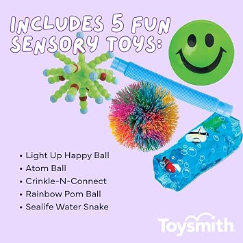 Toysmith Activity Pack Bundle Light Up Happy Ball, Atom Balls, Crinkle N Connect, Rainbow Pom Ball & Sealife Water Snake Sensory, Interactive Toys & Gifts for Kids Ages 3+