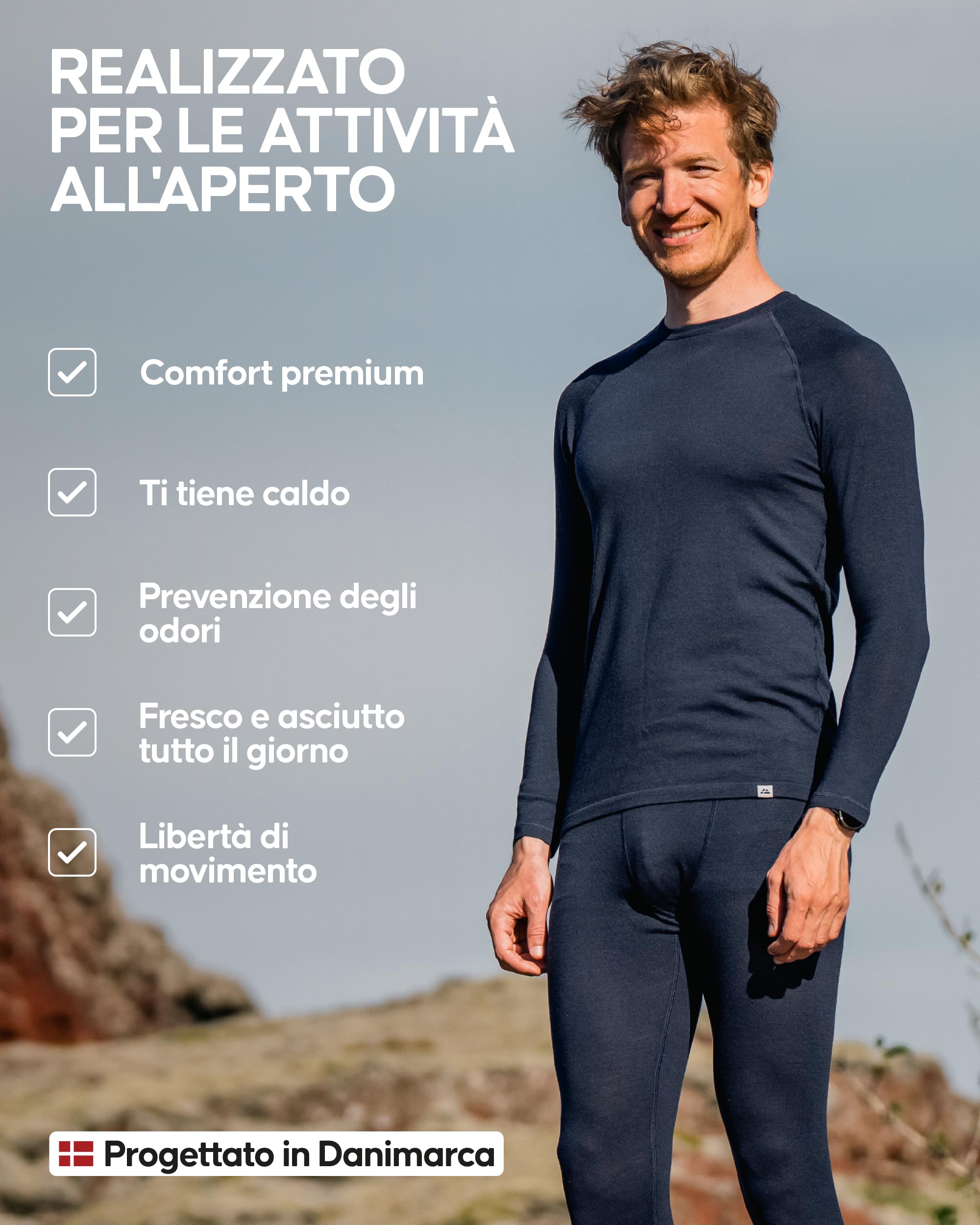 DANISH ENDURANCE Maglia Termica Uomo in Lana Merino, Manica Lunga, Intimo Termico per Sci, Trekking, Escursionismo con o Senza Chiusura Zip