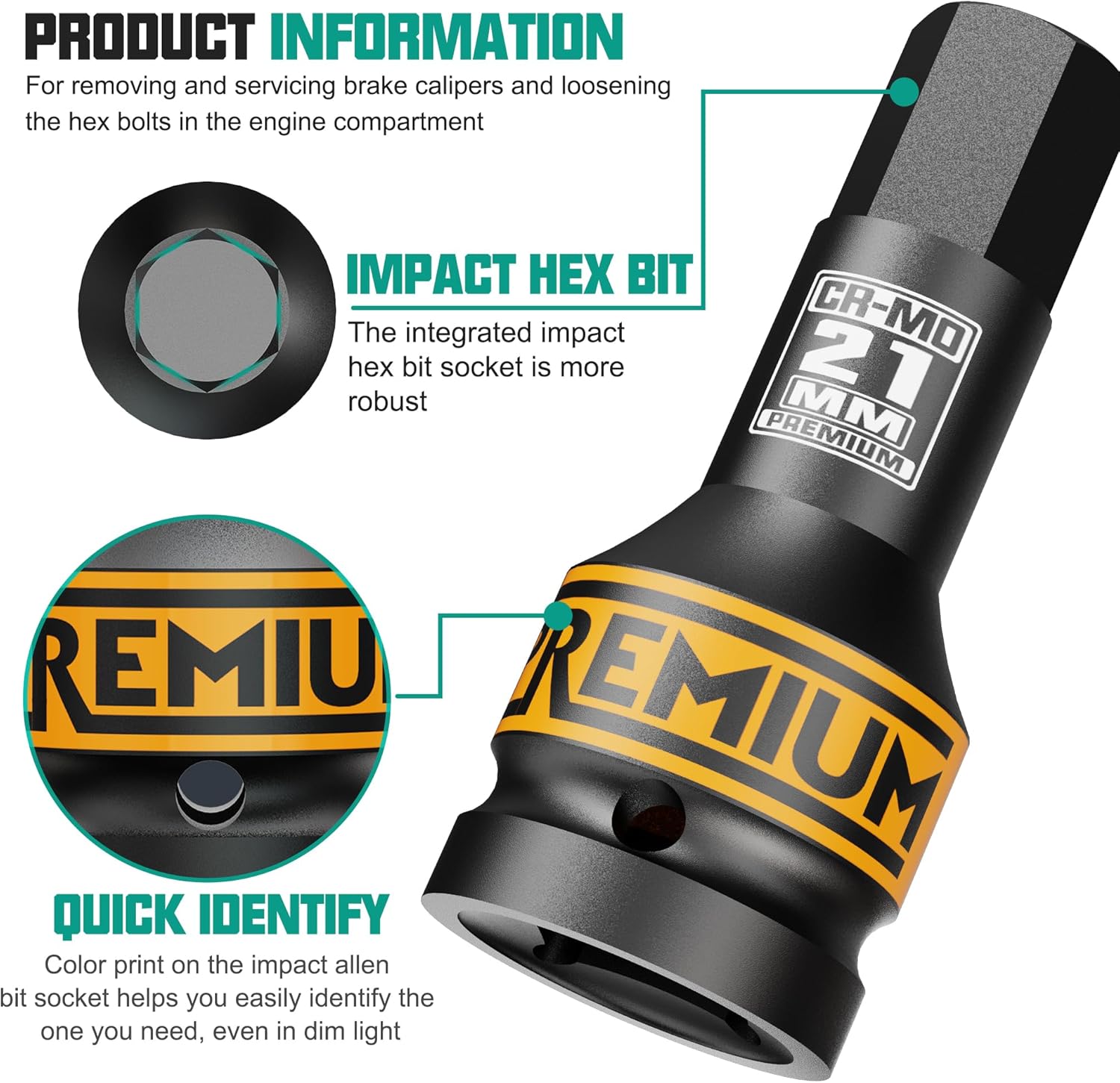 3/4" Drive H21 Impact Hex Bit Socket, 21 mm Allen Bit Socket, Metric, Cr-Mo Steel, Car Maintenance, Furniture Installation, Mechanic Use