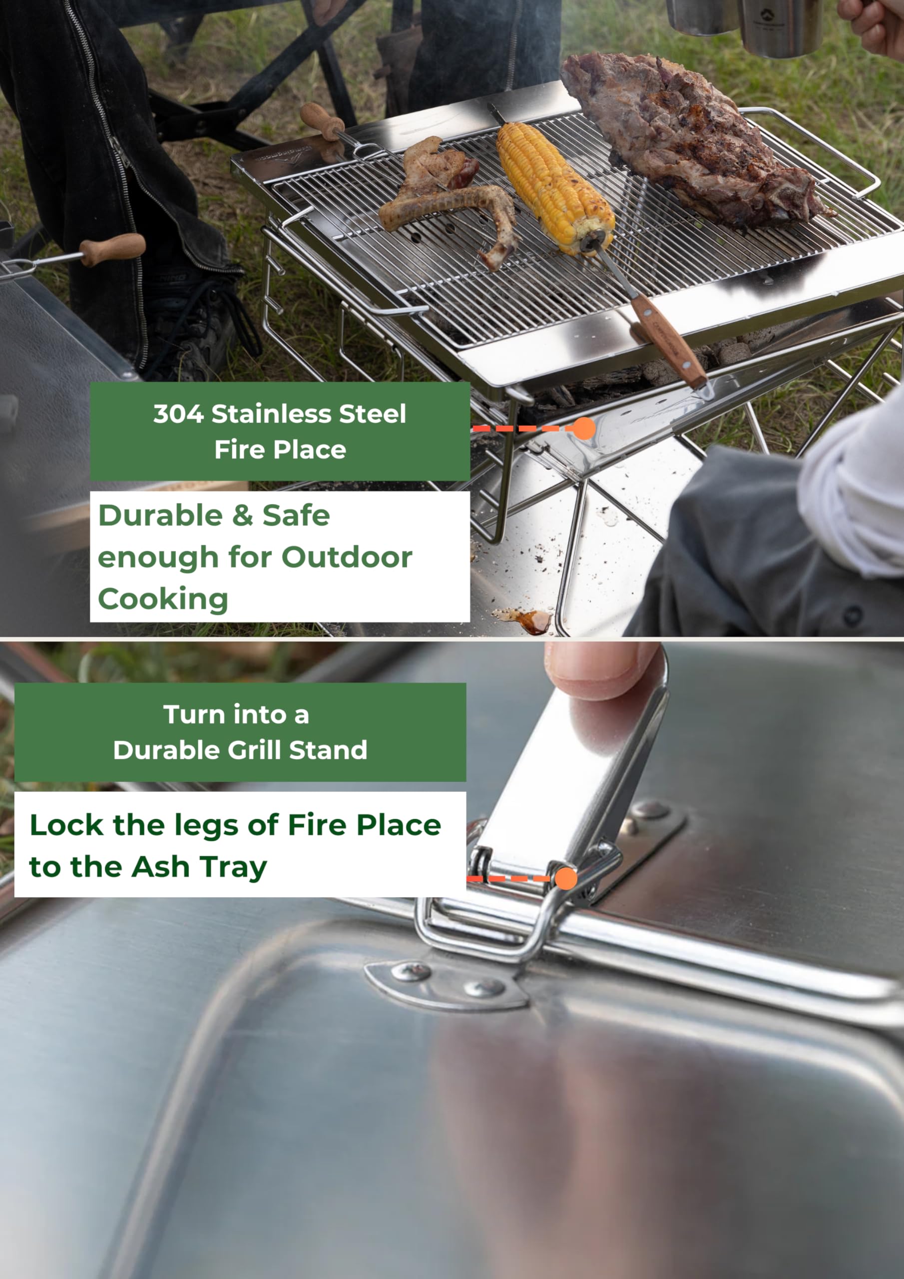 CAMPINGMOON - Parrilla portátil 3 en 1 para fogata de 16 pulgadas, de acero inoxidable resistente, estufa de leña, para camping, altura ajustable, patio, cocina al aire libre, viajes de caravana