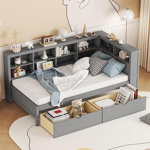 Bellemave Marco de cama de esquina individual, sofá cama de madera tamaño individual con estantería en forma de L y 2 cajones, sofá cama con Gris