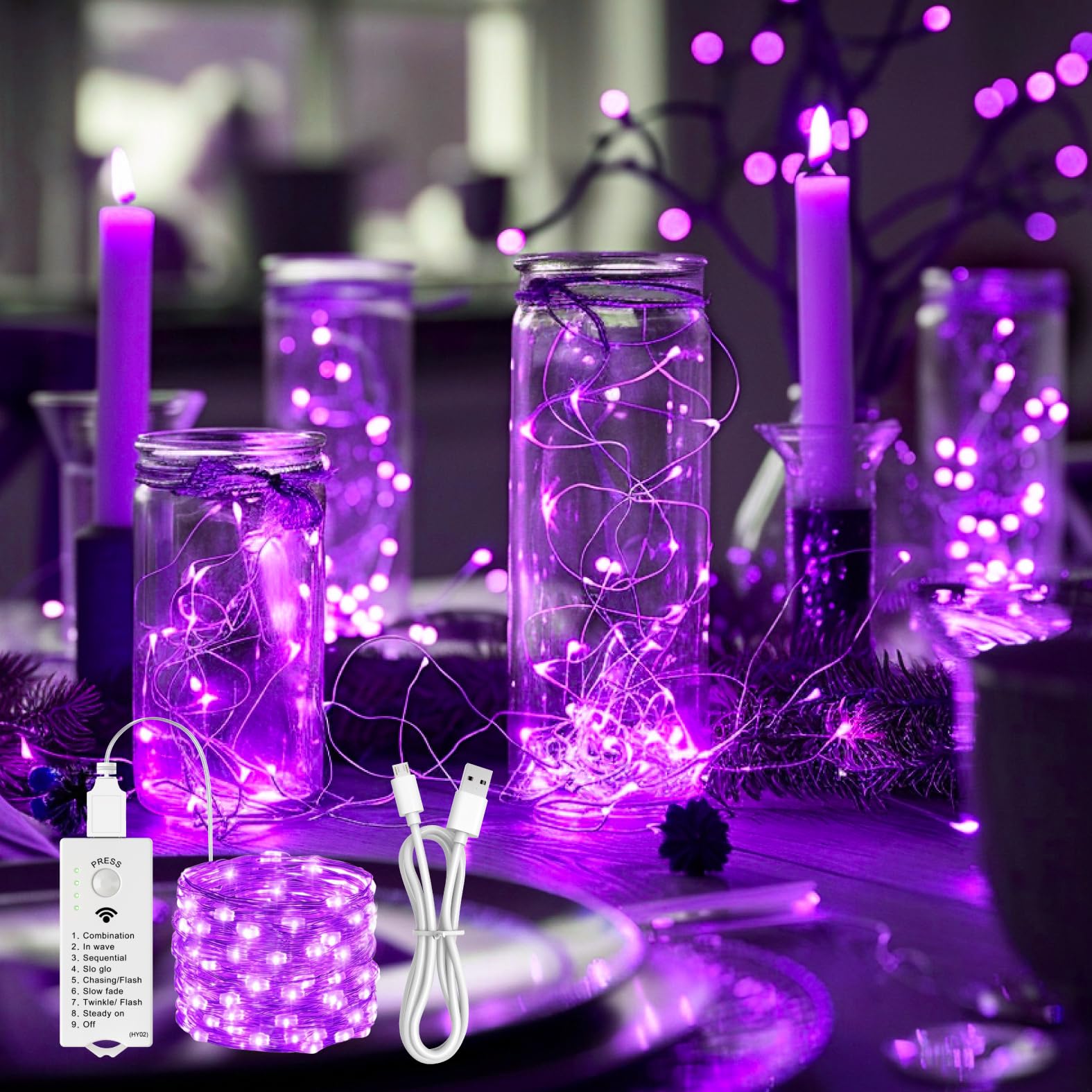 Fairy Lights Rechargeable with DIY Timer & 8 Modes, 16FT 50LED Battery Operated String Lights Indoor, Twinkle Silver Wire Lights for Bedroom Christmas Wedding Centerpiece Decor, Purple