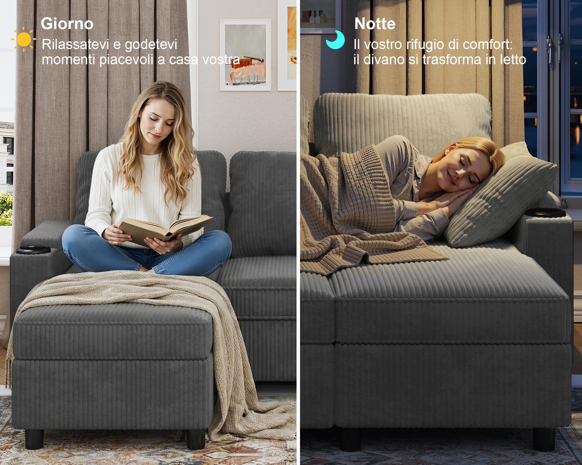 Devoko Divano Letto Chaise Longue a Forma di L, Divano da Salotto Cheslong a 3 Posti Convertibile in Letto, con Contenitore Integrato e Portabicchieri, Tessuto Morbido Beige Grigio Scuro