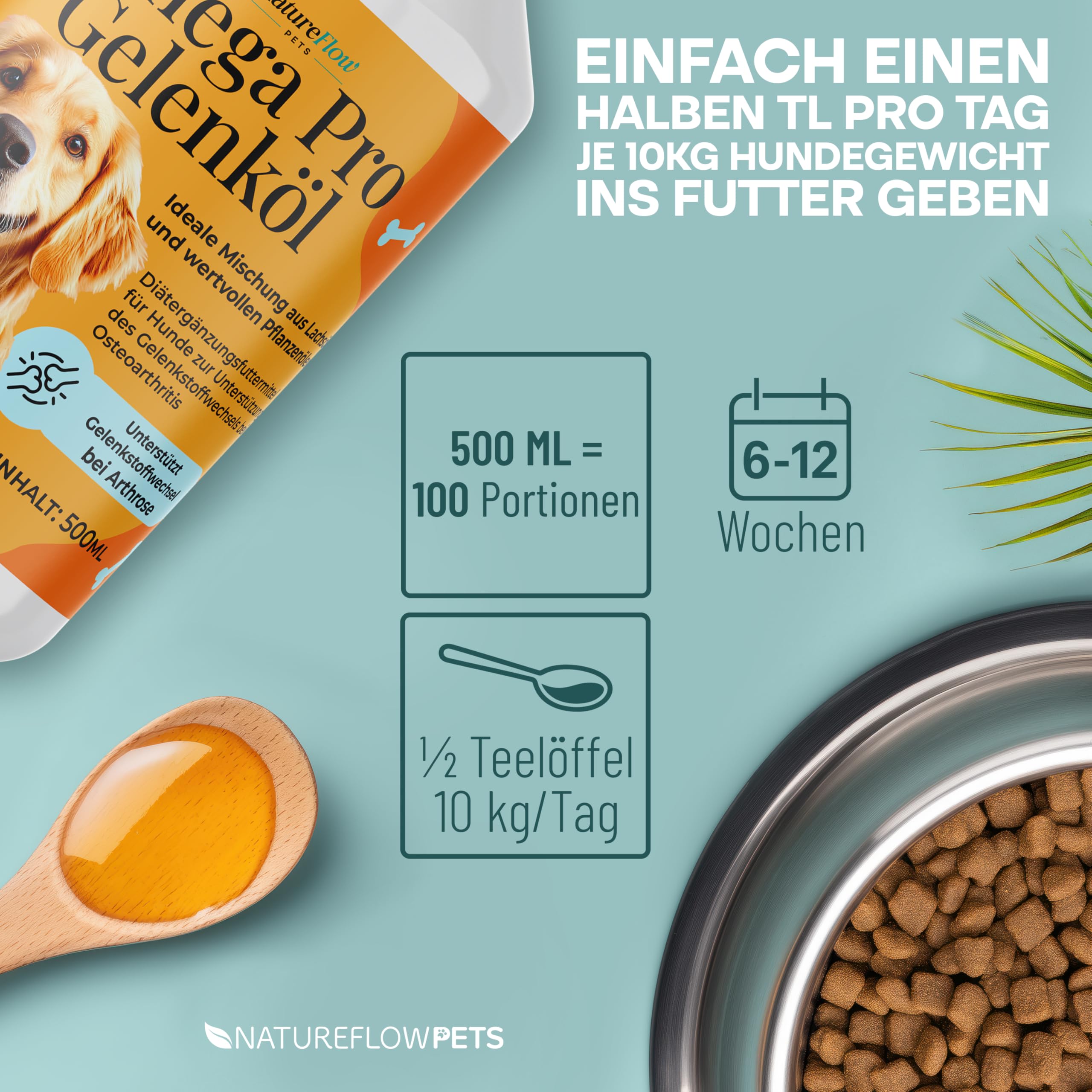 Omega Pro Gelenköl für Hunde 500ml – Lachsöl Mix mit Leinöl, Hanföl & Borretschöl – Omega 3 & 6 Fischöl für Gelenkstoffwechsel bei Arthrose – für Haut & Fell – Made in Germany