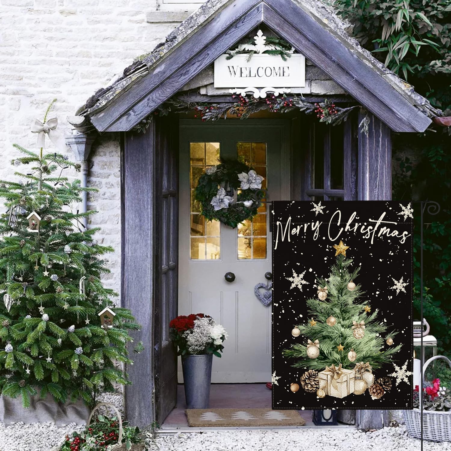 AVOIN colorlife Snowflake Merry Christmas Garden Flag 12x18 Inch Double Sided Outside, Winter Holiday Christmas Tree Yard Outdoor Flag Black - Image 4