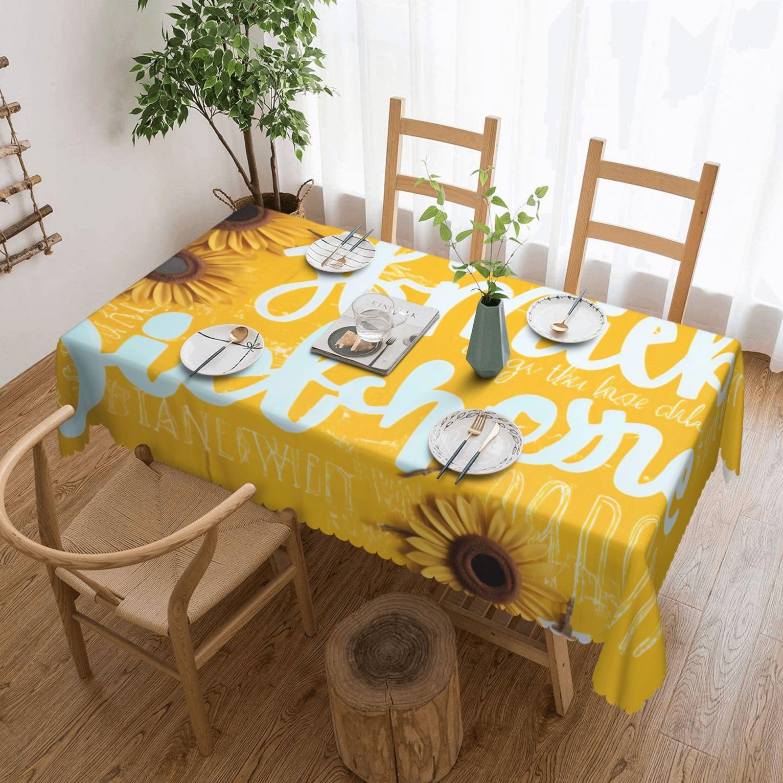 WPKJU Goodlooking Hello Sunshine Printed Rectangle Tablecloth 72x54 Inch with Lace Trim, Water-Resistant Washable Table Cover for Farmhouse Weddings, Outdoor Picnics & Holiday Dining