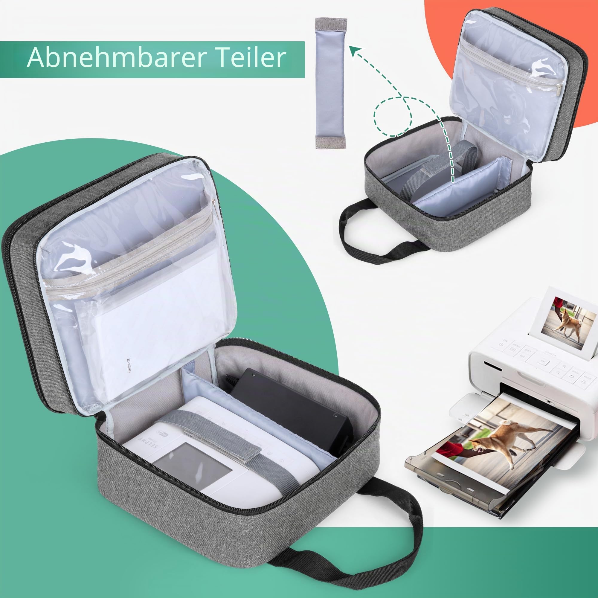 Luxja Fotodrucker Tasche Groß, Foto Drucker Tasche mit Griff, Photodrucker Reisetasche ist mit dem Canon SELPHY CP1500 / CP1300 / CP1200 Kompatibel, Grau