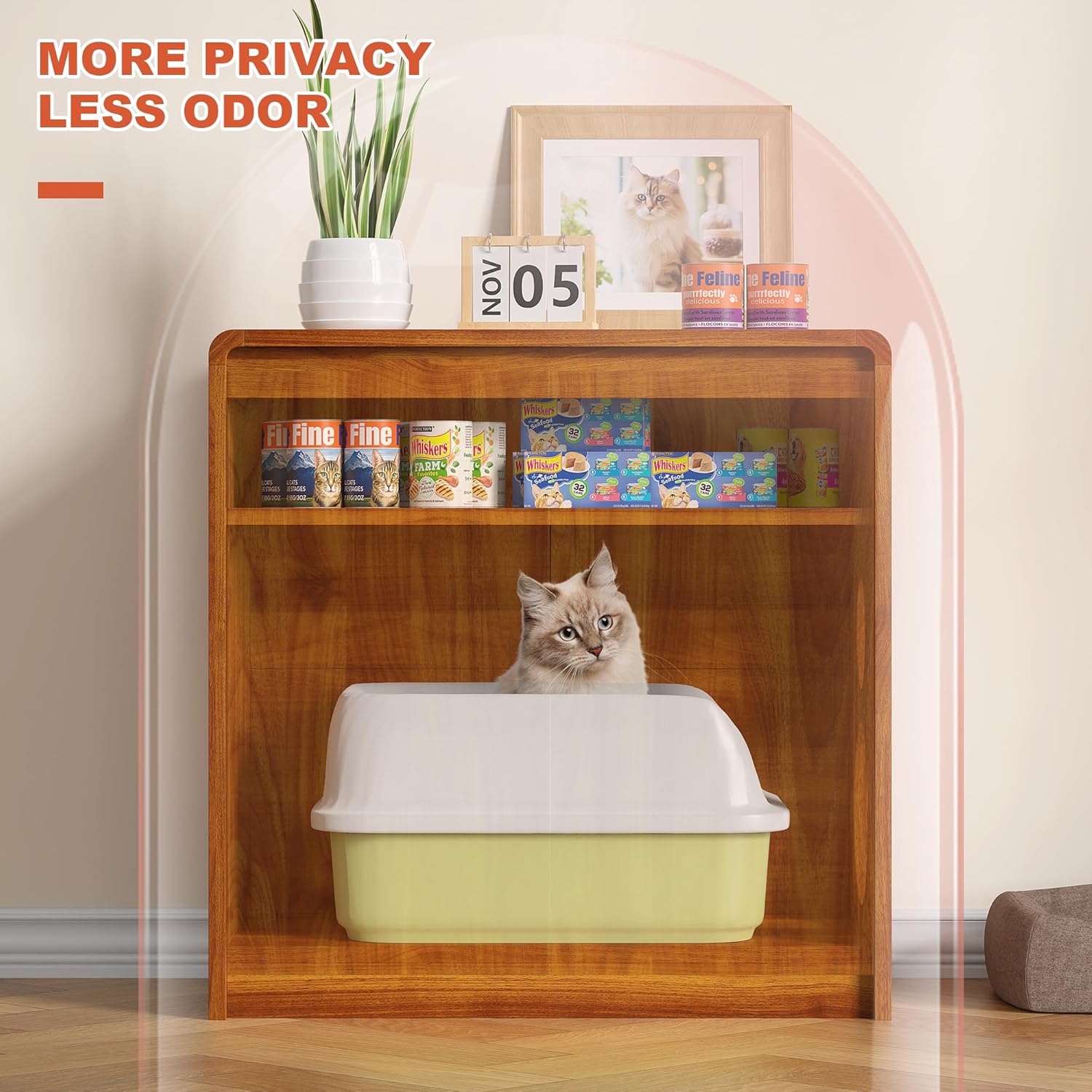 Curved Cat Litter Box Furniture with Dual Entrances, Hidden Litter Box, Cat Litter Box Enclosure with Adjustable & Removable Shelf, Odor Control, Safe Rounded Edges, for Living Room, Bedroom, Hallway