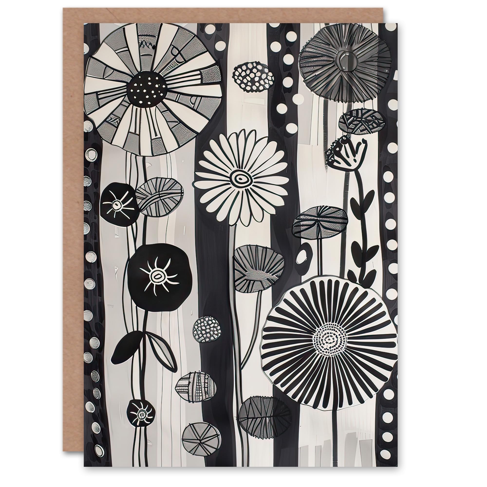 Artery8 Greeting Card Abstract Black White Wildflowers Stripes Artwork Blank For Him Or Her Art Birthday Card