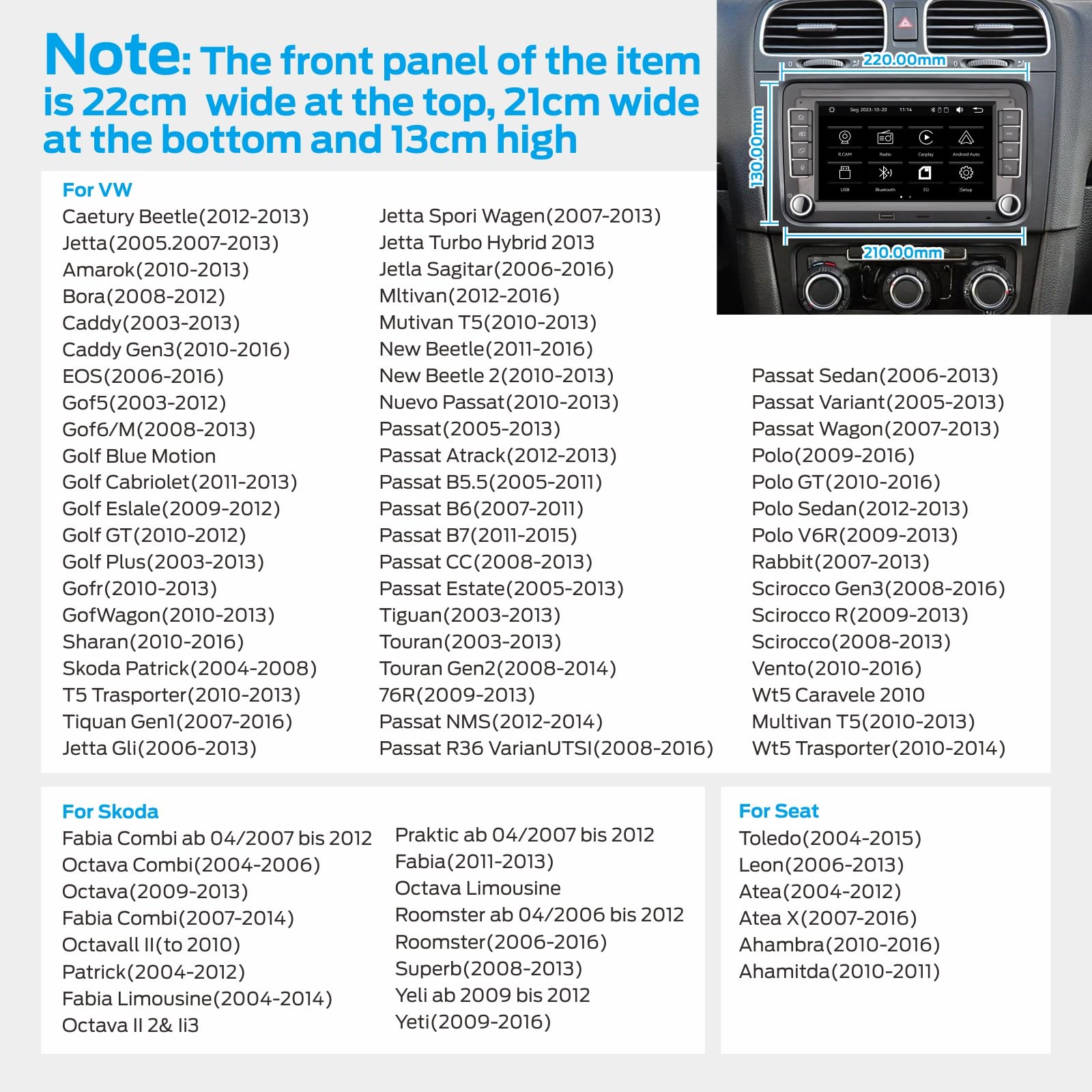 Radio Estéreo de Coche para VW Passat Caddy Tiguan Touran Golf 5 6 GTI T5 EOS Polo con Wireless Carplay Android Auto Tarjeta TF Pantalla táctil Bluetooth AMFM Radio