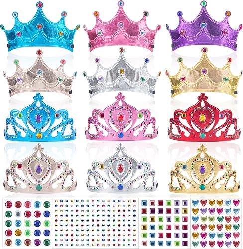 FLMRIOY Juego de 17 coronas de fiesta de princesa, suministros de fiesta para niños, kit de fabricación de tiaras con calcomanías de diamante para