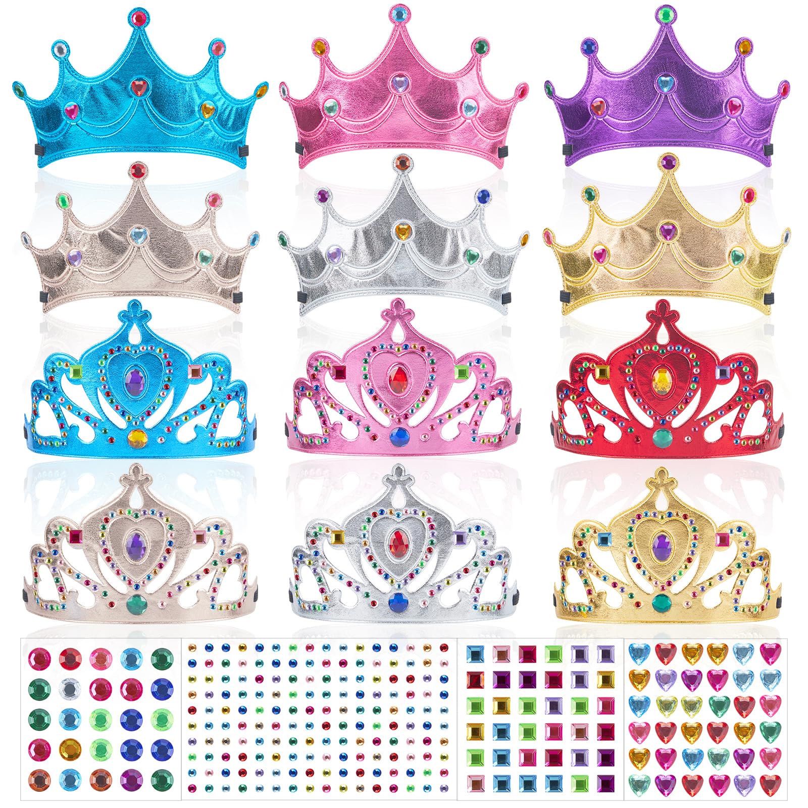 17 Pcs Princess Party Crowns Set Kids Party Supplies Tiaras Making Kit with Diamond Stickers for Little Girls Gifts