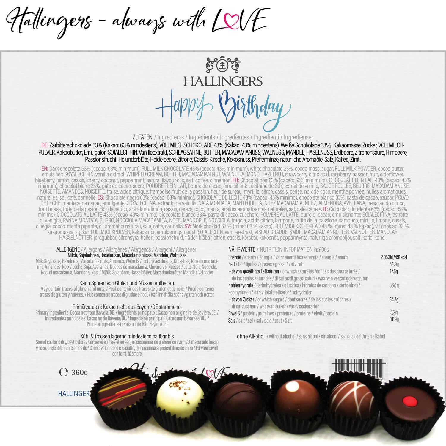 Hallingers Genuss Manufaktur Pralinen Geburtstagsgeschenk - ohne Alkohol, handmade aus Confiserie-Edelkakao in wertiger XXL-Geschenkbox "Happy Birthday", Geschenke für Frauen Männer
