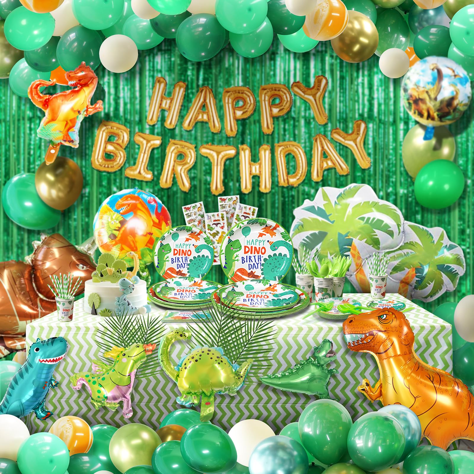 Party Spot! 282 Pcs Upgrade Dinosaur Birthday Party Supplies, Dinosaur Party Decorations For Boys, Dinosaur Foil Balloon, Sticker, Banner, Balloon Inflator, Plates, Cups, Rain Curtains for 25 Guests