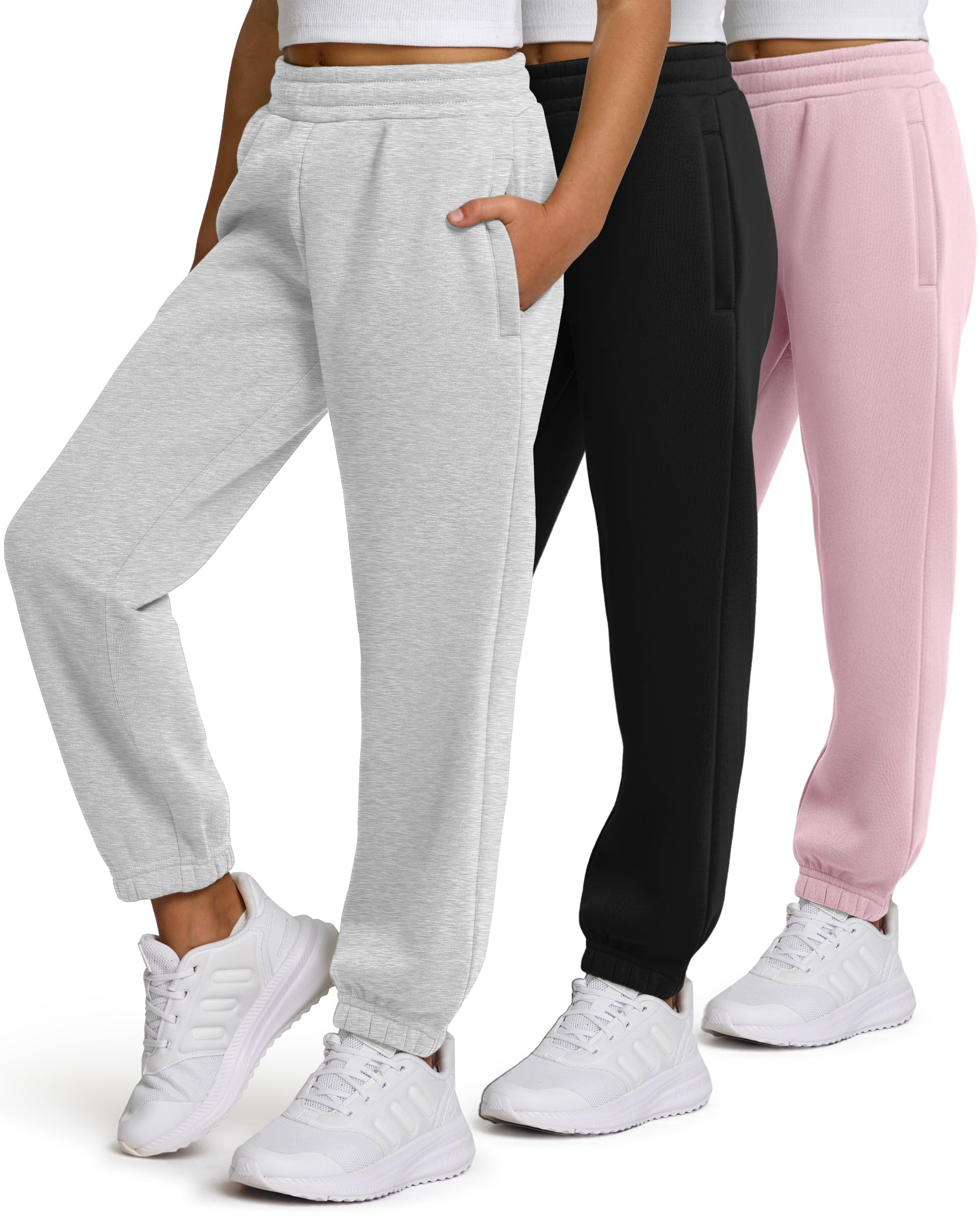 PURE CHAMP Girls Sweatpants 3 Pack Fleece Athletic Joggers, Teen Sweat Pants with Zipper Pockets and Drawstring Size 4-16