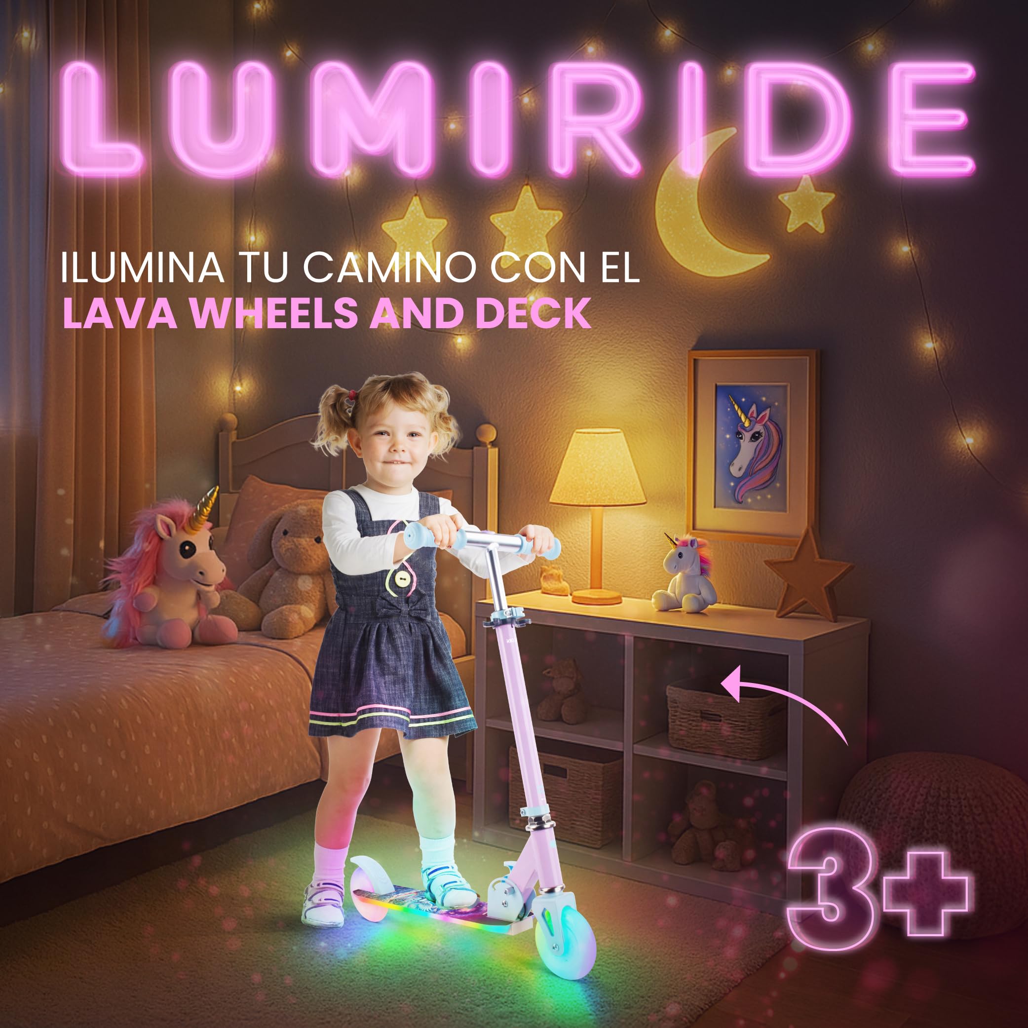 LUMI Ride Patinete Infantil 2 Ruedas LED 3+ | 7 colores, 20 programas, manillar ajustable, freno pie