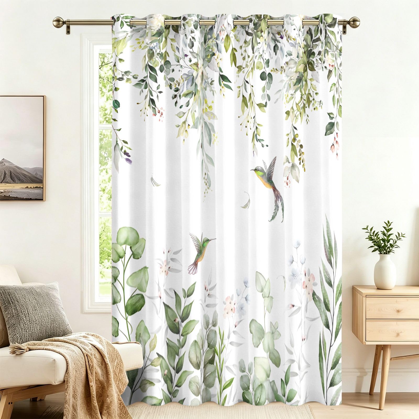 Fadaing Girls 7 Watercolour Hummingbird Green Curtains With Eyelets, 1 Piece, Room Divider Curtains, Blackout, 183 X 132 Cm, Darkening Thermal Curtains, Heat Insulating, Winter, Summer, Thermal Protection