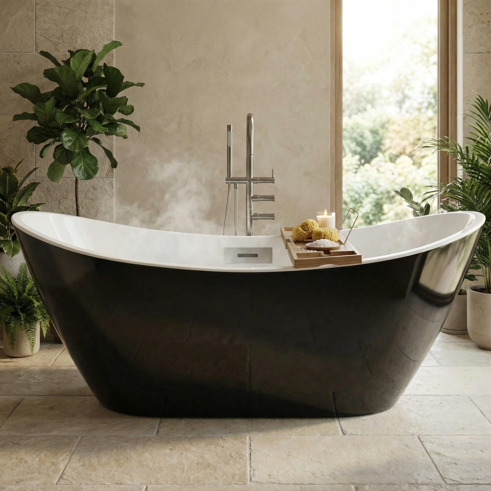 59 Inch Freestanding Bathtub Acrylic Soaking Tub, Deep Stand Alone Bath with Chrome Drain, Modern Black and White Design for Compact or Contemporary Bathrooms, Black&amp;White