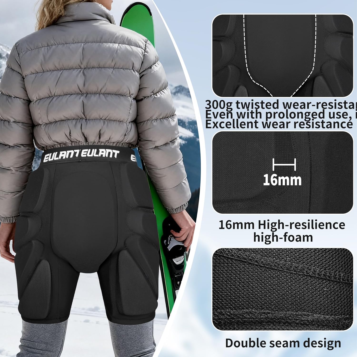 EULANT 3D Protection Hip Butt Pads Protective Padded Shorts Crash Pad Impact Gear for Skiing Skating Snowboarding
