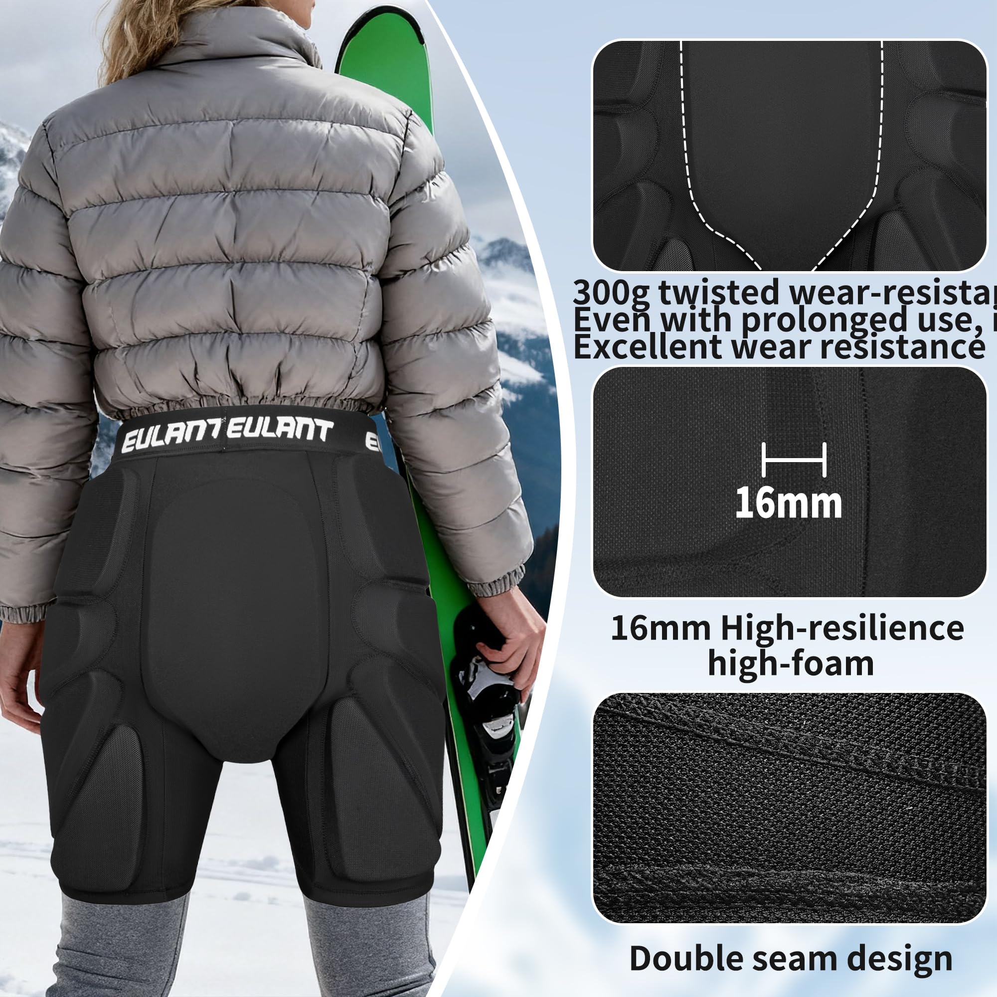 EULANT Ochronne wyściełane szorty na snowboard, narty, łyżworolki, rowery, ochraniacze 3D, na biodra, pośladki, kość ogonową, czarne