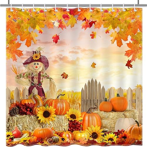 Miniatura 4 de Mocsicka Cortina de ducha de otoño, espantapájaros, calabaza, hojas lisas, girasol, linda cortina de ducha de otoño, cortina de baño de Acción de