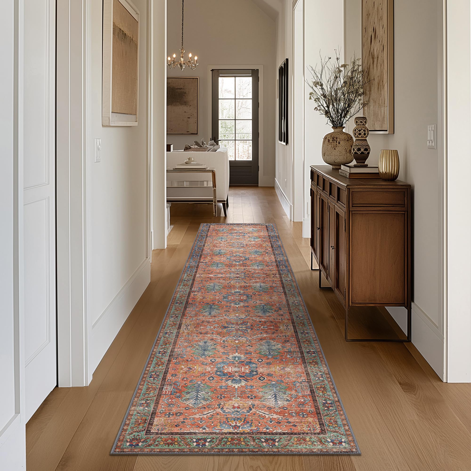 Bavni Bedroom Rug Runners for Hallways, Washable Runner Rug 2x10, Low Pile Non-Slip Indoor Throw Carpet for Bedroom Laundry Room, Terracotta/Blue