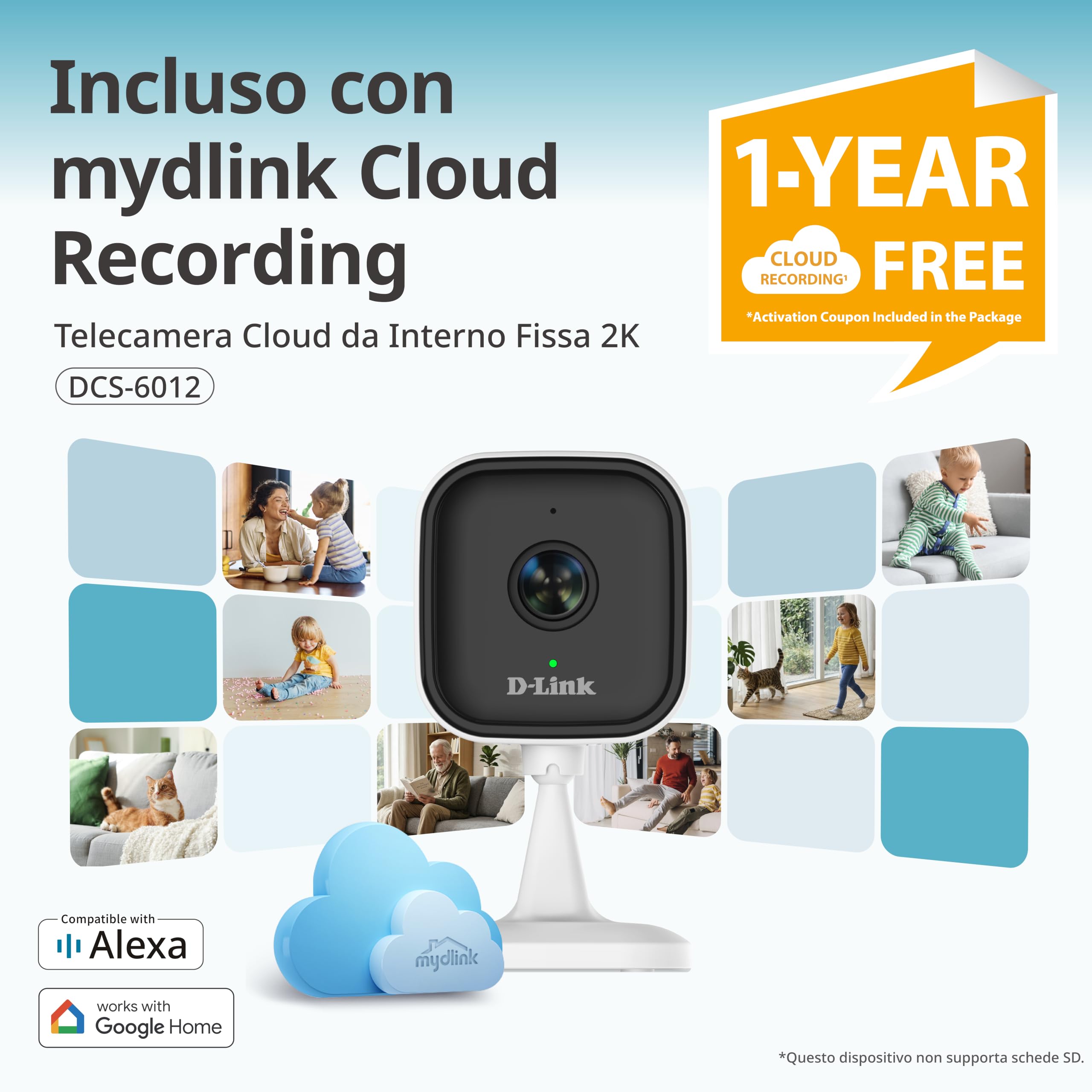 D-Link DCS-6012 Telecamera Wi-Fi Interna 2K, Rilevamento Persone AI, Avvisi Audio e Movimento, Visione Notturna, Audio Bidirezionale, Sicurezza WPA3, Cloud 1 Anno, Alexa e Google