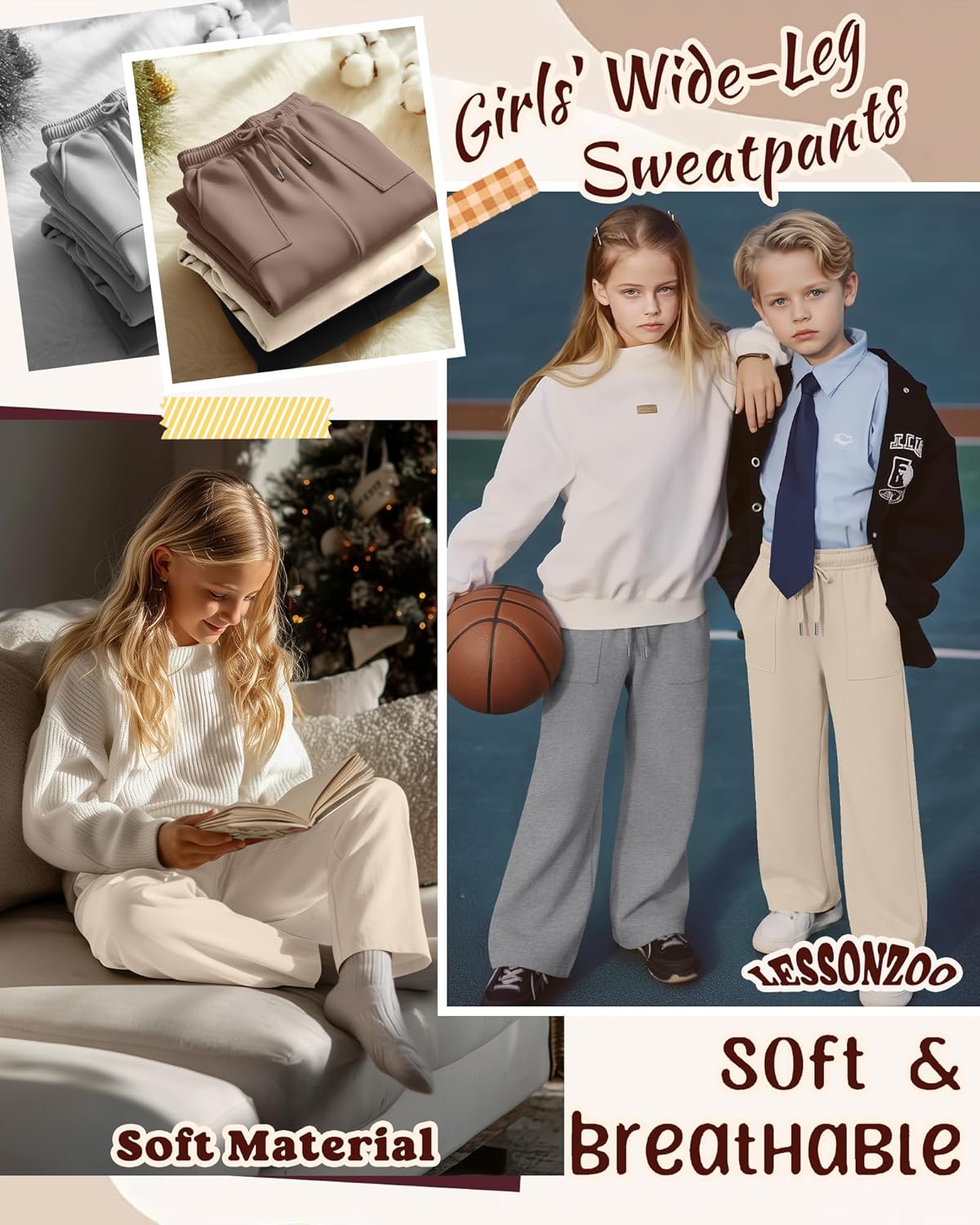 4 Pack Girls' Wide Leg Pants Drawstring Baggy Sweatpants Teen Loose Open Bottom Joggers with Pockets 5-16 Years