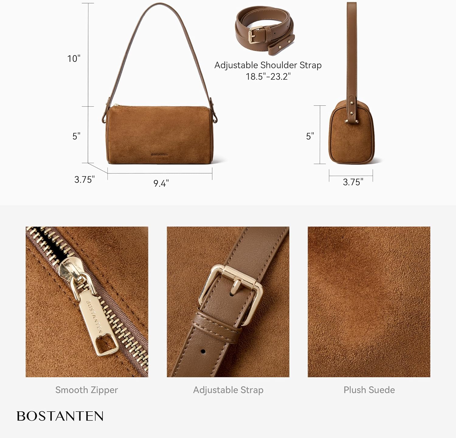 BOSTANTEN Crossbody Purses for Women Suede Leather Shoulder Purse Handbags Vintage Barrel Bag with 2 Adjustable Strap - Image 3