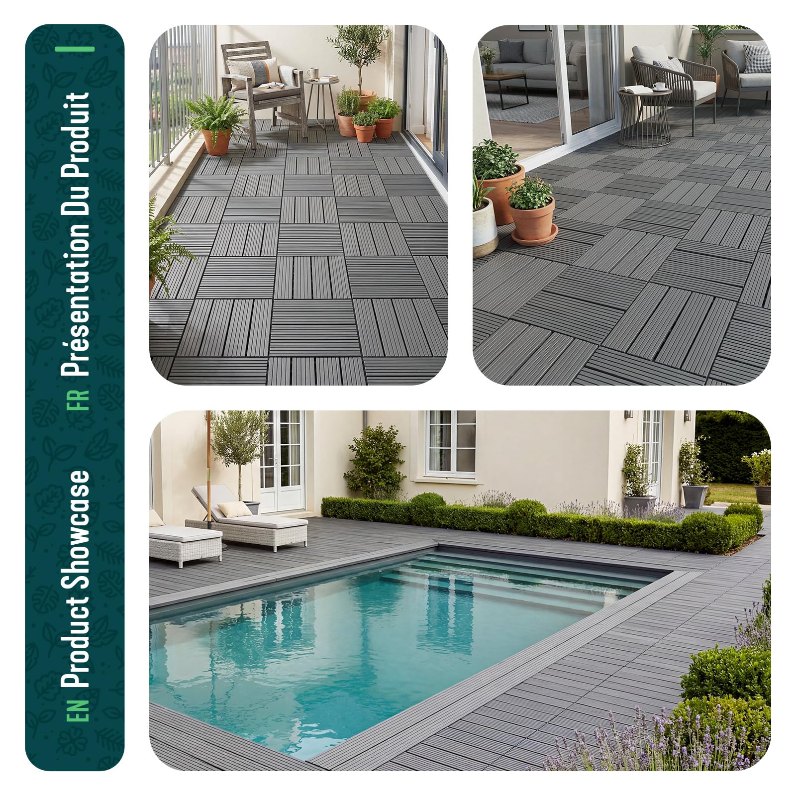 VOUNOT® Set da 22 Piastrelle Esterno ad Incastro 30x30 cm, Pavimento da Giardino Antiscivolo e Drenante, Tagliabili e Resistenti all’Acqua per Terrazza, Patio e Piscina, Antracite