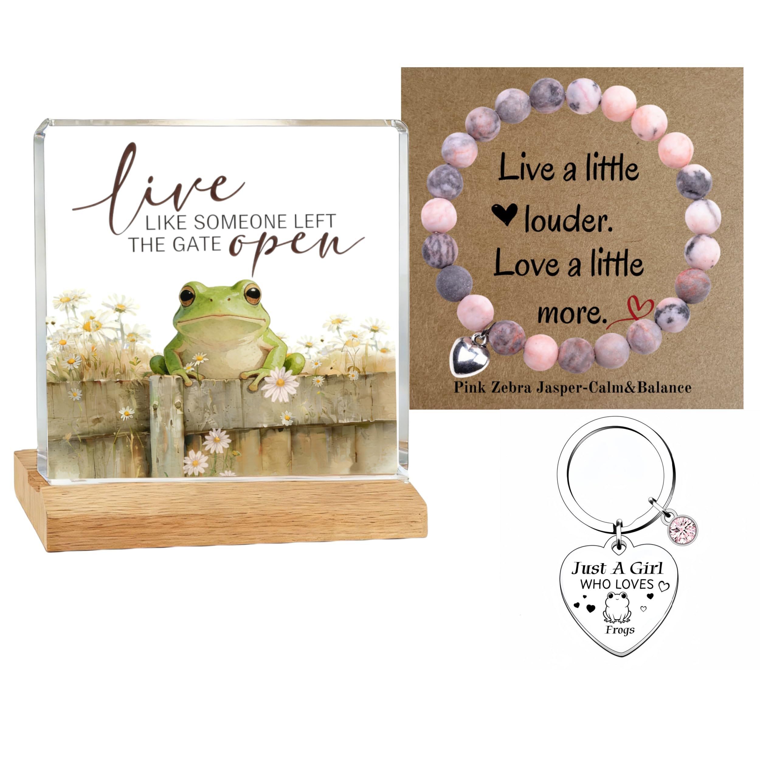 Frog Gifts for Women - 3-in-1 Frog Lover Gift Set with Pink Zebra Jasper Wristlet Keychain Accessory, Acrylic Desk Plaque Decor & Heart Keyring - Just A Girl Who Loves Frogs Birthday Present for Her