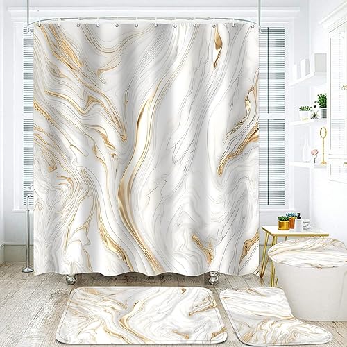 Vista 19 de Nkzply Juego de 4 cortinas de ducha de mármol negro con alfombras, juegos de baño dorados con cortina de ducha y alfombras, accesorios de decoración