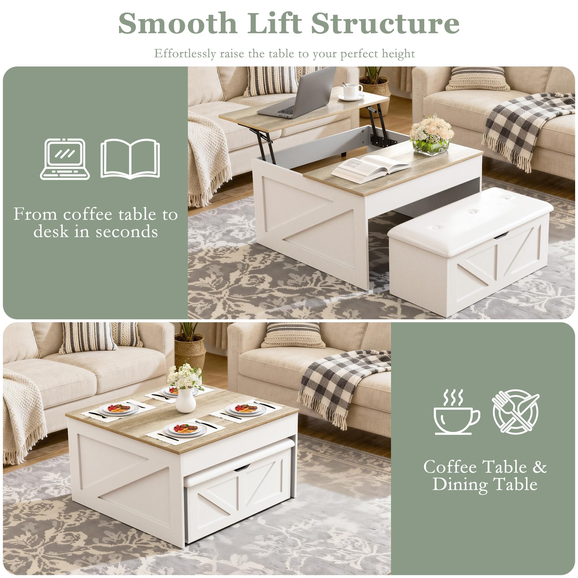 Couchtische mit Aufbewahrung versteckten Fach, Lift Top 31,5 Couchtische mit Bank, Mitteltisch mit Holz Lift Tischplatte für Wohnzimmer, weiß