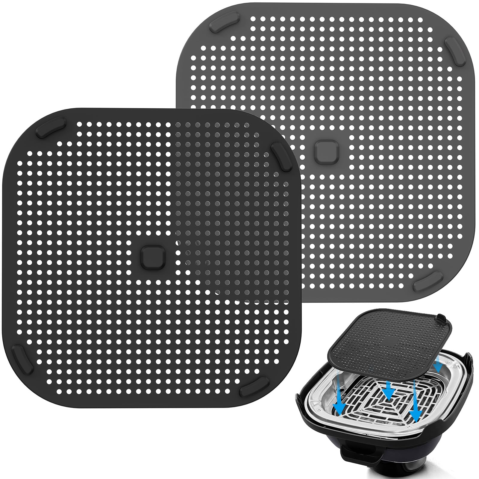 Palksky Silicone Splash Guard Mat for Ninja FN101 Airfryer, Heat Resistant Splatter Shield Replacement for Ninja Crispi Airfryer Accessories, 2-Pack, Black & Grey