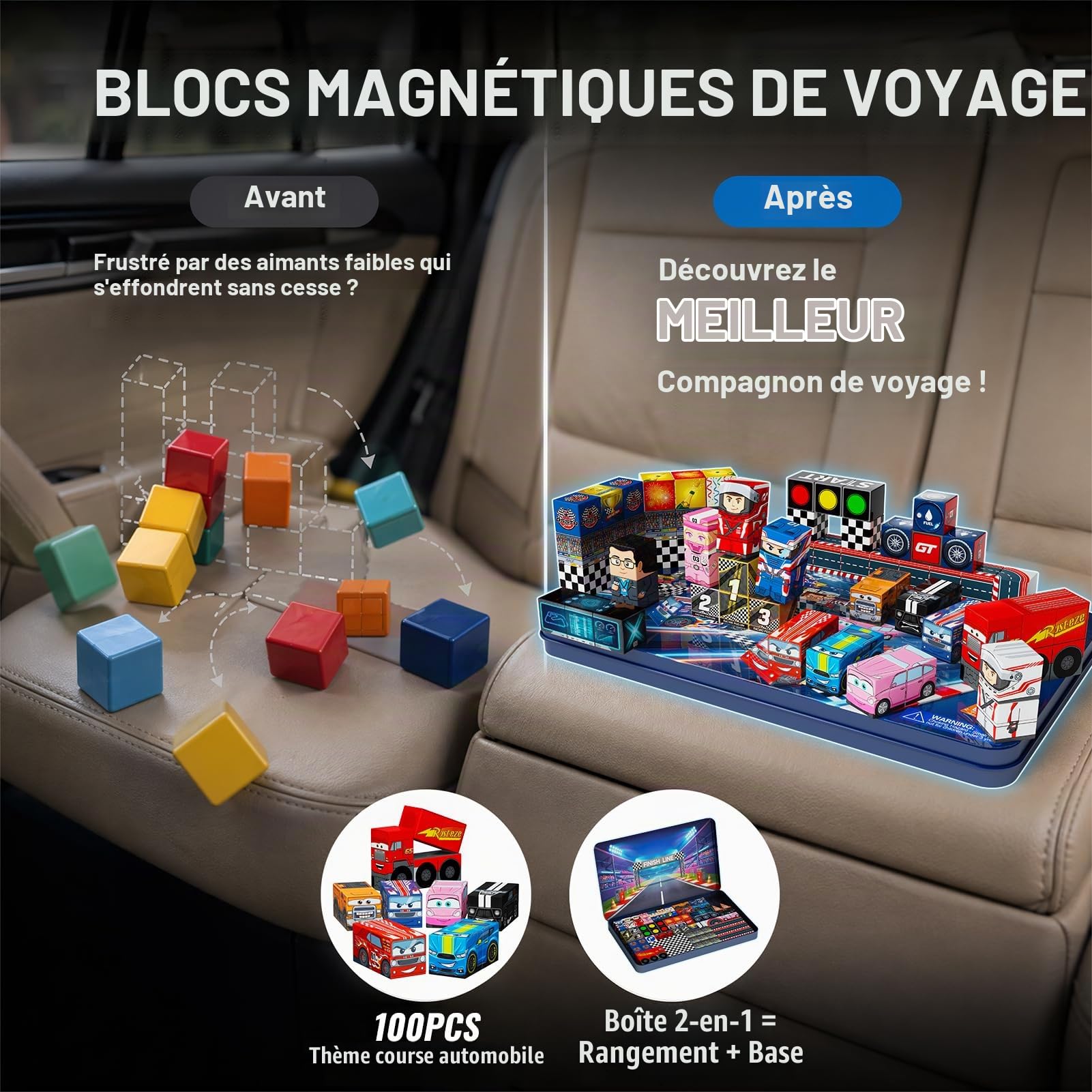 Lot de 100 blocs de construction magnétiques de piste de course dans une mallette en tôle - Blocs imprimés sur plusieurs côtés avec aimants N32 extra puissants - Grande plaque de construction