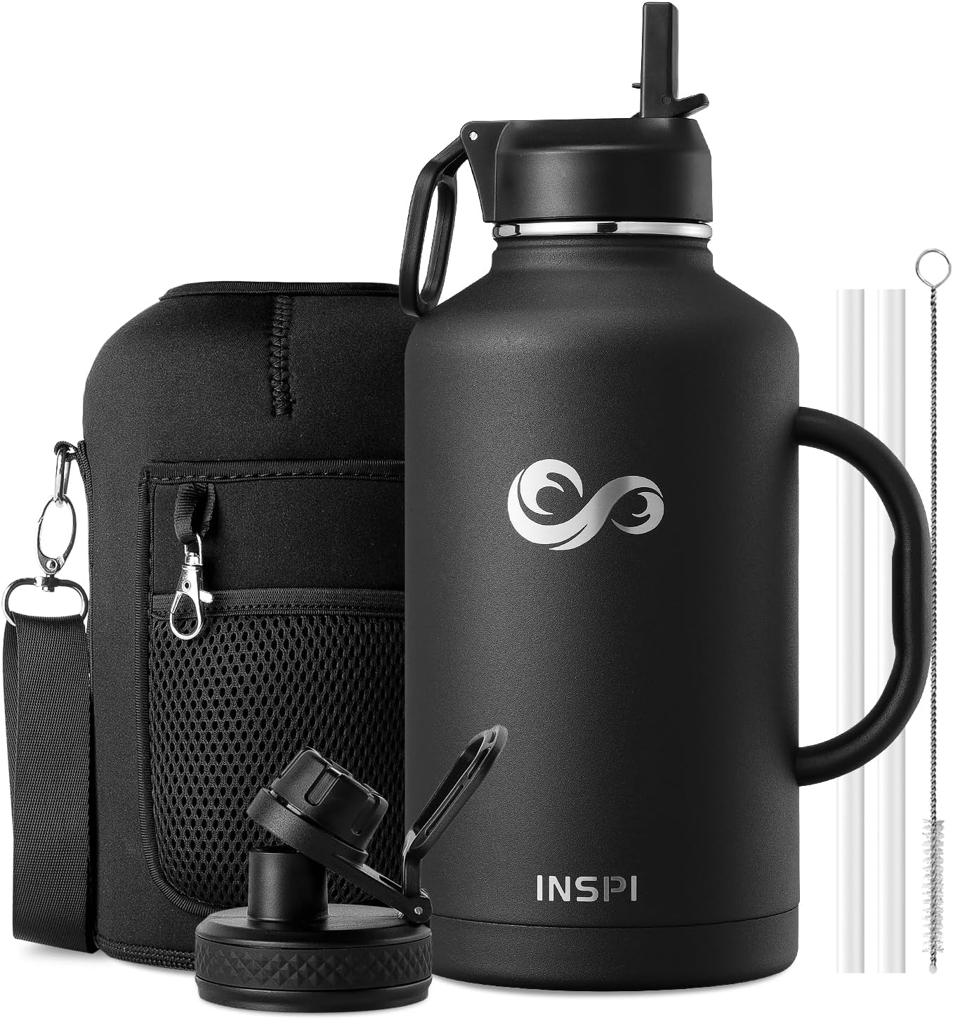INSPI Insulated Water Bottle 64oz with Handle, Double Wall Vacuum Stainless Steel Water Bottles with Straw & 2 Lids, Half Gallon Metal Large Jug with Carry Pouch for Outdoor Sports, Black