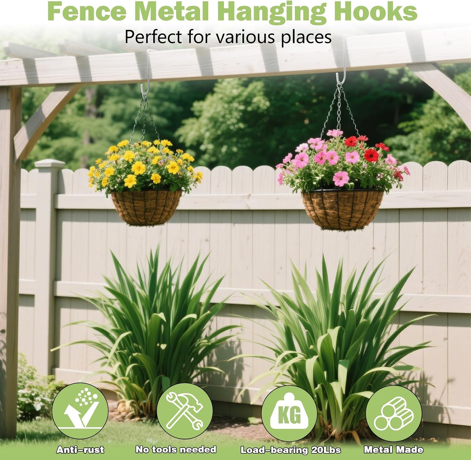 Dpyrrhic 12Pcs Vinyl Fence Hooks for Hanging Plants,2x6 Inches White Fence Plant Hangers for Planters, Decorations, Bird Feeder and String Lights