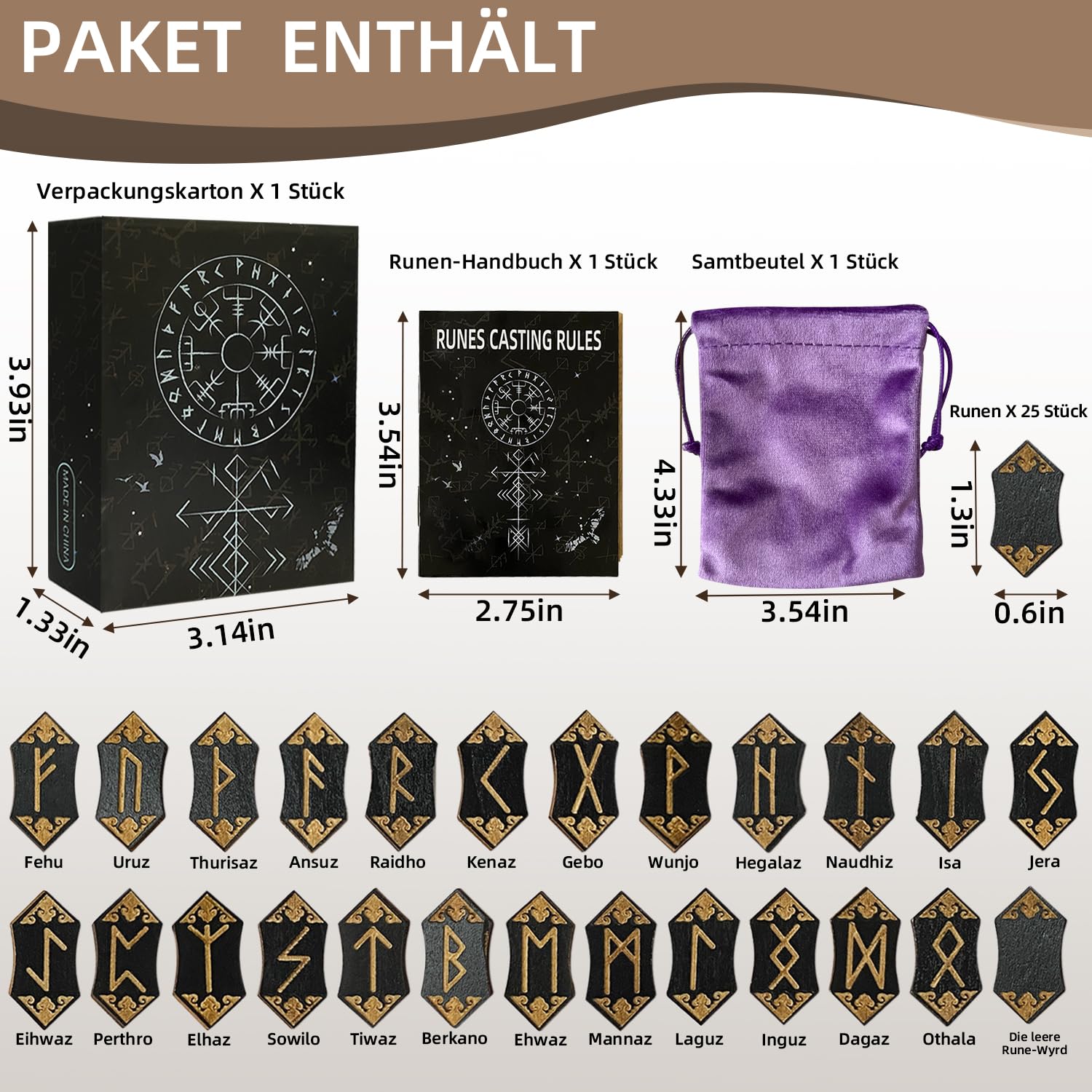 Runenset, 25 Stück hölzerne Wikinger-Runen, Runenstein-Set mit Begleitbuch, Samtbeutel, nordische Runen für Anfänger, Hexerei/Wahrsagerei/Meditation/Spiritualität