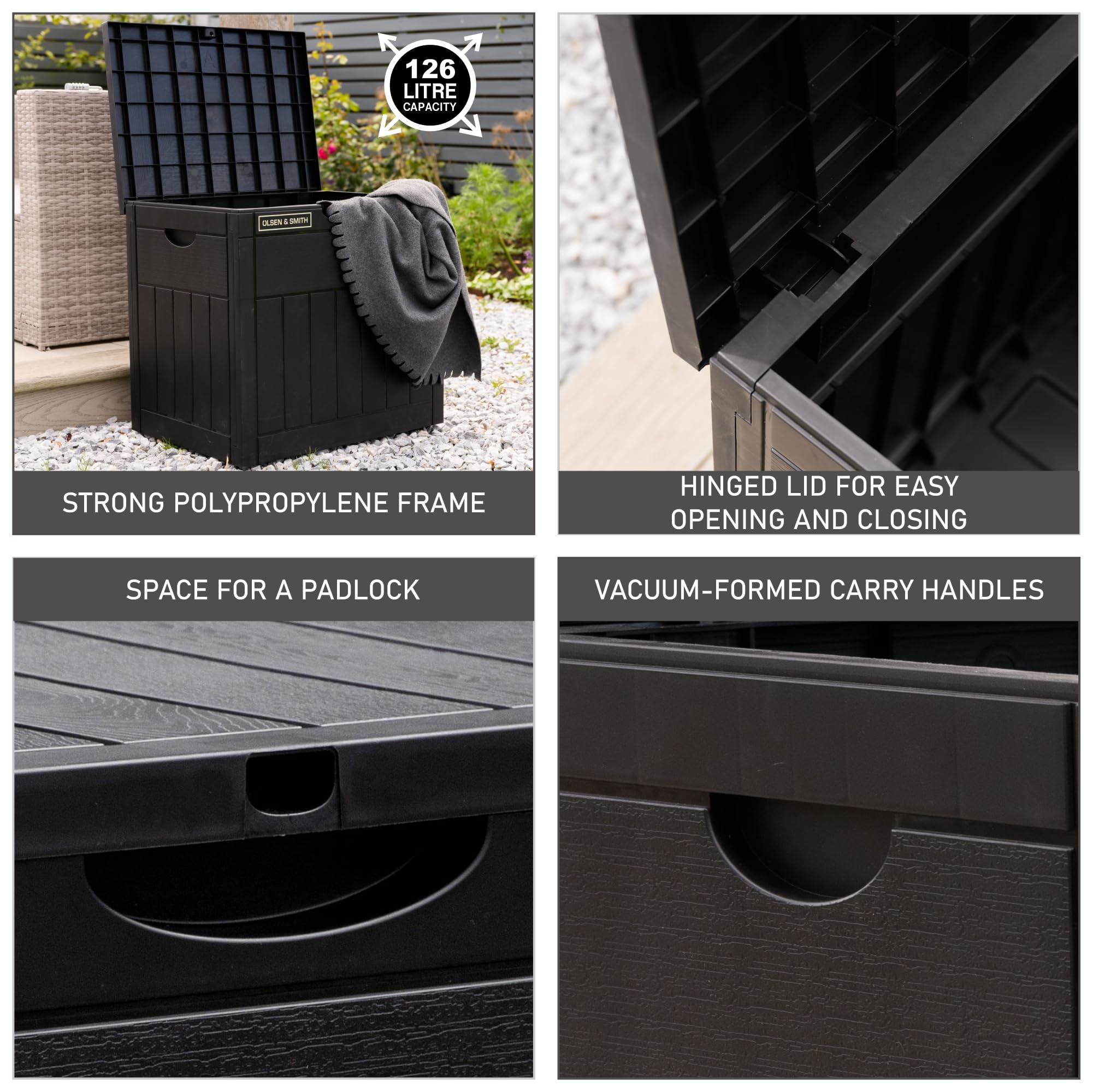 Olsen & Smith 126L Lockable Outdoor Garden Plastic Storage Box Container Chest - Small Lawn Balcony Furniture, Weather Resistant, Wood Panel Effect (Black) - 4