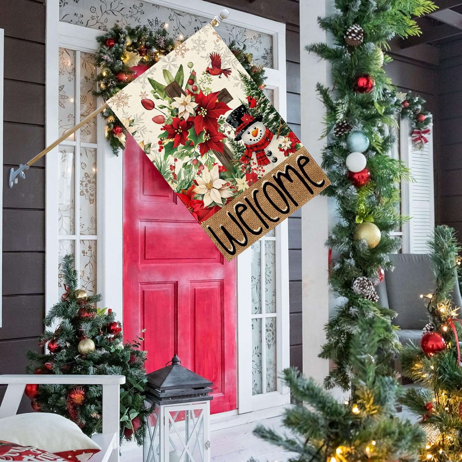 Welcome Winter Cross Poinsettias Snowman Pine Trees Christmas House Flag large 28X40 Inch Big Vertical Double Sided Yard Outdoor Outside Holiday Decoration - Image 3